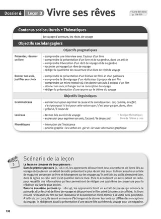 6 3 Vivre ses rêves p. 116-119 
Dossier Leçon 
130 
Présenter, résumer 
un livre 
Donner son avis, 
justifi er ses choix 
, Livre de l’élève 
Grammaticaux – connecteurs pour exprimer la cause et la conséquence : car, comme, en effet, 
Lexicaux – termes liés au récit de voyage 
Phonétiques – intonation de l’insistance 
3 
Contenus socioculturels • Thématiques 
Le voyage d’aventure, les récits de voyage 
Objectifs sociolangagiers 
Objectifs pragmatiques 
– comprendre une interview avec l’auteur d’un livre 
– comprendre la présentation d’un livre et de sa genèse, dans un article 
– comprendre l’évocation d’un récit de voyage et de sa genèse 
– raconter un voyage/un rêve de voyage 
– rédiger la quatrième de couverture d’un livre de récit de voyage 
– comprendre la présentation d’un festival de fi lms et d’un palmarès 
– comprendre le témoignage d’un réalisateur à propos de son fi lm 
– comprendre un micro-trottoir où l’on donne son avis à propos d’un fi lm 
– donner son avis, échanger sur sa conception du voyage 
– rédiger la présentation d’une oeuvre sur le thème du voyage 
Objectifs linguistiques 
c’est pourquoi / c’est pour cette raison que / c’est pour ça que, donc, alors 
– grâce à / à cause de 
– expression pour exprimer son avis, l’accord / le désaccord 
, Lexique thématique : 
livre de l'élève p. 202 
– phonie-graphie : les verbes en -ger et -cer avec alternance graphique 
Scénario de la leçon 
La leçon se compose de deux parcours : 
Dans le premier parcours (p. 116-117), les apprenants découvriront deux couvertures de livres liés au 
voyage et écouteront un extrait de radio présentant le plus récent des deux. Ils liront ensuite un article 
de magazine présentant ce livre et échangeront sur les voyages qu’ils ont faits ou qu’ils aimeraient faire, 
dans la lignée de celui dont il est question dans le livre. Puis ils écouteront un autre extrait de radio, 
pour recueillir des informations qui leur permettront de rédiger une quatrième de couverture pour la 
réédition du livre le plus ancien. 
Dans le deuxième parcours (p. 118-119), les apprenants liront un extrait de presse qui annonce le 
palmarès d’un festival de fi lms de voyage et découvriront le fi lm primé à travers son affi che. Ils liront 
ensuite l’évocation du fi lm par son réalisateur et écouteront un micro-trottoir à la sortie de la projection. 
À la fi n du parcours, ils seront en mesure d’échanger et de donner leur avis sur différentes conceptions 
du voyage. Ils rédigeront aussi la présentation d’une oeuvre liée au thème du voyage pour un magazine. 
 
