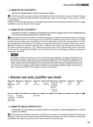Vivre ses rêves Leçon 3 Dossier 6 
133 
> OBJECTIF DE L’ACTIVITÉ 6 
Raconter un voyage effectué/ parler d’une façon de voyager. 
6 1. Former des petits groupes et proposer d’échanger à partir du fi l conducteur proposé. Proposer à chaque 
sous-groupe de désigner un apprenant dont le récit de voyage semble riche à partager, lors de la mise en commun 
en grand groupe. 
2. Effectuer l’activité en grand groupe, en interrogeant particulièrement les apprenants qui rêvent de faire un voyage 
semblable à ceux de N. Bouvier et de F. Lecloux. 
> OBJECTIF DE L’ACTIVITÉ 7 
Transférer les acquis en rédigeant la présentation d’un récit de voyage à partir de la compréhension de 
son évocation et de sa genèse dans un extrait de radio. 
7 a) Faire écouter l’extrait et en vérifi er la compréhension globale : il s’agit d’une émission de radio sur les voyages, 
où la journaliste évoque le livre de N. Bouvier pour introduire son émission du jour. Donner ensuite la consigne 
de production écrite (partie b) de l’activité) pour inviter les apprenants à prendre des notes pendant la 2e écoute 
de l’enregistrement. Faire réécouter. Les apprenants se regroupent par deux ou trois pour comparer leurs notes. 
b) Proposer d’effectuer l’activité en petits groupes, à l’aide des notes prises et des informations recueillies dans 
les autres documents étudiés (act. 2 à 5). Préciser aux groupes que la 4e de couverture doit contenir la présenta-tion 
du livre et le commentaire de l’éditeur. Lors de la mise en commun en grand groupe, affi cher ou projeter les 
productions, si possible. 
CORRIGÉ 
a) L’Usage du monde est un livre qui a mis sur la route beaucoup de voyageurs. « À l’origine, Nicolas Bouvier est 
parti avec son ami peintre, Thierry Vernet, en 53, pour courir la planète à bord d’une Fiat Topolino. Il apprend alors le 
beau métier de voyageur. Yougoslavie, Turquie, Iran, Pakistan, Afghanistan… » Il n’a rien fait d’exceptionnel, aucun 
exploit. « Bouvier nous donne simplement à voir, il montre des maisons, des femmes, des oignons, des ânes… Une 
version positive de la route ! Et il jubile dans ce voyage où rien ne se passe, seulement la découverte du coin de la 
rue. » Pour lui, « Un voyage se passe de motifs, il ne tarde pas à prouver qu’il se suffi t à lui-même : on croit qu’on va 
faire un voyage, mais bientôt c’est le voyage qui vous fait… ou vous défait. » 
> Donner son avis, justifi er ses choix 
Comprendre 
Comprendre 
S’exprimer 
Comprendre 
Aide-mémoire 
Écrit 
Écrit 
Oral 
Oral 
> S’exercer 
S’exprimer 
Act. 10 
Act. 11 
Act. 12 et 13 
n° 13 et 14 
Oral 
Act. 8 et 9 
Point langue 
La cause et la 
conséquence 
pour justifi er 
ses choix 
> S’exercer 
n° 15 et 16 
Phonétique 
Act. 14 
S’exprimer 
Oral 
Act. 15 
S’exprimer 
Écrit 
Act. 16 
Article sur 
un festival et 
son palmarès/ 
Affi che de fi lm 
Témoignage 
d’un réalisateur 
Micro-trottoir 
> OBJECTIF DES ACTIVITÉS 8 ET 9 
Comprendre un court article sur un festival de fi lm et son palmarès ; faire des hypothèses sur un fi lm à 
partir de son affi che. 
8 Tout d’abord, faire identifi er le document : il s’agit d’un court article sur les résultats du festival du fi lm Curieux 
Voyageurs. Ensuite, faire lire l’article afi n d’identifi er la thématique du festival et ses valeurs. Proposer aux apprenants 
de comparer leurs réponses par deux avant la mise en commun en grand groupe. 
 