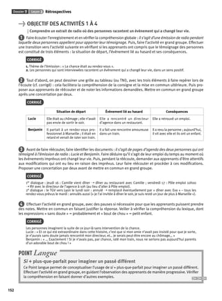 Dossier 7 Leçon 3 Rétrospectives 
152 
> OBJECTIF DES ACTIVITÉS 1 À 4 
Comprendre un extrait de radio où des personnes racontent un évènement qui a changé leur vie. 
1 Faire écouter l’enregistrement et en vérifi er la compréhension globale : il s’agit d’une émission de radio pendant 
laquelle deux personnes appellent pour apporter leur témoignage. Puis, faire l’activité en grand groupe. Effectuer 
une transition vers l’activité suivante en vérifi ant si les apprenants ont compris que le témoignage des personnes 
est constitué de trois éléments : la situation de départ, l’évènement lié au hasard et ses conséquences. 
CORRIGÉ 
1. Thème de l’émission : « La chance était au rendez-vous ». 
2. Les personnes qui sont interviewées racontent un évènement qui a changé leur vie, dans un sens positif. 
2 Tout d’abord, on peut dessiner une grille au tableau (ou TNI), avec les trois éléments à faire repérer lors de 
l’écoute (cf. corrigé) : cela facilitera la compréhension de la consigne et la mise en commun ultérieure. Puis pro-poser 
aux apprenants de réécouter et de noter les informations demandées. Mettre en commun en grand groupe 
après une concertation par deux. 
CORRIGÉ 
Situation de départ Évènement lié au hasard Conséquences 
Lucie Elle était au chômage ; elle n’avait 
pas envie de sortir le soir. 
Elle a rencontré un directeur 
d’agence dans un restaurant. 
Elle a retrouvé un emploi. 
Benjamin Il partait à un rendez-vous pro-fessionnel 
à Marseille ; il était en 
retard et venait de rater son train. 
Il a fait une rencontre amoureuse 
dans un train. 
Il a revu la personne ; aujourd’hui, 
il vit avec elle et ils ont un enfant. 
3 Avant de faire réécouter, faire identifi er les documents : il s’agit de pages d’agenda des deux personnes qui ont 
témoigné à l’émission de radio : Lucie et Benjamin. Faire déduire qu’il s’agit de leur emploi du temps au moment où 
les évènements imprévus ont changé leur vie. Puis, pendant la réécoute, demander aux apprenants d’être attentifs 
aux modifi cations qui ont eu lieu en raison des imprévus. Leur faire réécouter et procéder à ces modifi cations. 
Proposer une concertation par deux avant de mettre en commun en grand groupe. 
CORRIGÉ 
1er dialogue : jeudi 16 : Camille vient dîner ➝ dîner au restaurant avec Camille ; vendredi 17 : Pôle emploi 10h00 
➝ RV avec le directeur de l’agence à 10h (au lieu d’aller à Pôle emploi). 
2e dialogue : le TGV vers Lyon le lundi soir : annulé ➝ remplacé éventuellement par « dîner avec Eva » – tous les 
rendez-vous prévus le mardi : annulés aussi (« je l’ai invitée à dîner le soir, je suis resté un jour de plus à Marseille »). 
4 Effectuer l’activité en grand groupe, avec des pauses si nécessaire pour que les apprenants puissent prendre 
des notes. Mettre en commun en faisant justifi er la réponse. Veiller à vérifi er la compréhension du lexique, dont 
les expressions « sans doute » = probablement et « bout de chou » = petit enfant. 
CORRIGÉ 
Les personnes imaginent la suite de ce jour-là sans intervention de la chance. 
Lucie : « Et ce qui est extraordinaire dans cette histoire, c’est que si mon amie n’avait pas insisté pour que je sorte, 
je n’aurais sans doute jamais rencontré mon directeur, et… je serais peut-être encore au chômage… » 
Benjamin : « … Exactement ! Si je n’avais pas, par chance, raté mon train, nous ne serions pas aujourd’hui parents 
d’un adorable bout de chou ! » 
POINT Langue 
Si + plus-que-parfait pour imaginer un passé différent 
Ce Point langue permet de conceptualiser l’usage de si + plus-que-parfait pour imaginer un passé différent. 
Effectuer l’activité en grand groupe, en guidant l’observation des apprenants de manière progressive. Vérifi er 
la compréhension en faisant donner d’autres exemples. 
 