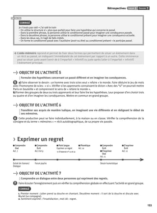 Rétrospectives Leçon 3 Dossier 7 
153 
CORRIGÉ 
je n’avais pas raté = j’ai raté le train 
– On utilise la structure si + plus-que-parfait pour faire une hypothèse qui concerne le passé. 
– Dans la première phrase, la personne utilise le conditionnel passé pour imaginer une conséquence passée. 
– Dans la deuxième phrase, la personne utilise le conditionnel présent pour imaginer une conséquence actuelle. 
– Dans les deux cas, il s’agit de faits irréels. 
– On forme le conditionnel passé avec l’auxiliaire (avoir ou être) au conditionnel présent + le participe passé. 
> L’aide-mémoire reprend et permet de fi xer deux formes qui permettent de situer un évènement dans 
> un récit au passé, en indiquant l’immédiateté de cet évènement par rapport à un autre. Cette imminence 
> peut se situer juste avant (venir de à l’imparfait + infi nitif) ou juste après (aller à l’imparfait + infi nitif) 
> l’évènement principal. 
> OBJECTIF DE L’ACTIVITÉ 5 
Formuler des hypothèses concernant un passé différent et en imaginer les conséquences. 
5 a) Faire observer le dessin : un homme avec trois scies veut « refaire » le monde. Faire déduire le jeu de mots 
avec l’homonyme de scies : « si ». Vérifi er si les apprenants connaissent le dicton « Avec des “si” on pourrait mettre 
Paris en bouteille » et comprennent le sens de « refaire le monde ». 
b) Former des groupes de deux ou trois apprenants et leur faire lire les hypothèses. Leur proposer d’en choisir trois 
ou quatre et d’en imaginer les conséquences. Mettre en commun en grand groupe. 
> OBJECTIF DE L’ACTIVITÉ 6 
Transférer ses acquis de manière ludique, en imaginant une vie différente et en rédigeant le début de 
ses mémoires. 
6 Cette production peut se faire individuellement, à la maison ou en classe. Vérifi er la compréhension de la 
consigne et du terme « mémoires » = récit autobiographique, de sa propre vie passée. 
> Exprimer un regret 
Comprendre 
Comprendre 
Oral 
Écrit 
Act. 7 
Act. 8 et 9 
Point langue 
Exprimer un regret 
> S’exercer n° 11 et 12 
Phonétique 
Act. 10 
Comprendre 
Écrit 
S’exprimer 
Oral 
Act. 11 
S’exprimer 
Écrit 
Act. 12 
Extrait de chanson/ 
Dialogue 
Forum psycho Dessin humoristique 
> OBJECTIF DE L’ACTIVITÉ 7 
Comprendre un dialogue entre deux personnes qui expriment des regrets. 
7 Faire écouter l’enregistrement puis en vérifi er la compréhension globale en effectuant l’activité en grand groupe. 
CORRIGÉ 
1. Premier moment : Julien prend sa douche en chantant. Deuxième moment : il sort de la douche et discute avec 
Muriel (sa compagne). 
2. Sentiment exprimé : l’insatisfaction ; mot-clé : regret. 
 