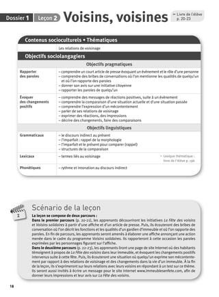 Dossier 1 Leçon 2 Voisins, voisines , Livre de l’élève 
18 
p. 20-23 
Contenus socioculturels • Thématiques 
Les relations de voisinage 
Objectifs sociolangagiers 
Objectifs pragmatiques 
Rapporter 
des paroles 
– comprendre un court article de presse évoquant un évènement et le rôle d’une personne 
– comprendre des bribes de conversations où l’on mentionne les qualités de quelqu’un 
et où l’on rapporte des paroles 
– donner son avis sur une initiative citoyenne 
– rapporter les paroles de quelqu’un 
Évoquer 
des changements 
positifs 
– comprendre des messages de réactions positives, suite à un évènement 
– comprendre la comparaison d’une situation actuelle et d’une situation passée 
– comprendre l’expression d’un mécontentement 
– parler de ses relations de voisinage 
– exprimer des réactions, des impressions 
– décrire des changements, faire des comparaisons 
Objectifs linguistiques 
Grammaticaux – le discours indirect au présent 
– l’imparfait : rappel de la morphologie 
– l’imparfait et le présent pour comparer (rappel) 
– structures de la comparaison 
Lexicaux – termes liés au voisinage , Lexique thématique : 
livre de l'élève p. 196 
Phonétiques – rythme et intonation au discours indirect 
Scénario de la leçon 
La leçon se compose de deux parcours : 
Dans le premier parcours (p. 20-21), les apprenants découvriront les initiatives La Fête des voisins 
et Voisins solidaires à partir d’une affi che et d’un article de presse. Puis, ils écouteront des bribes de 
conversation où l’on décrit les fonctions et les qualités d’un gardien d’immeuble et où l’on rapporte des 
paroles. En fi n de parcours, les apprenants seront amenés à élaborer une affi che annonçant une action 
menée dans le cadre du programme Voisins solidaires. Ils rapporteront à cette occasion les paroles 
exprimées par les personnages fi gurant sur l’affi che. 
Dans le deuxième parcours (p. 22-23), les apprenants liront une page de site Internet où des habitants 
témoignent à propos de La Fête des voisins dans leur immeuble, et évoquent les changements positifs 
intervenus suite à cette fête. Puis, ils écouteront une situation où quelqu’un exprime son mécontente-ment 
par rapport à des relations de voisinage et des changements dans la vie d’un immeuble. À la fi n 
de la leçon, ils s’exprimeront sur leurs relations avec leurs voisins en répondant à un test sur ce thème. 
Ils seront aussi invités à écrire un message pour le site Internet www.immeublesenfete.com, afi n de 
donner leurs impressions et leur avis sur La Fête des voisins. 
2 
 