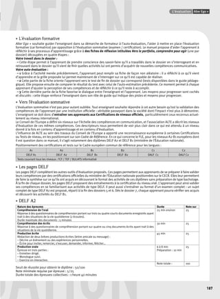 UATION Points infos GUIDE CULTUREL 
• L’évaluation formative 
L’évaluation Alter Ego + 
187 
Alter Ego + souhaite guider l’enseignant dans sa démarche de formateur à l’auto-évaluation, l’aider à mettre en place l’évaluation 
formative (car formatrice) par opposition à l’évaluation sommative (examen / certifi cation). Le manuel propose d’aider l’apprenant à 
réfl échir à ses processus d’apprentissage grâce à des fi ches de réfl exion intitulées Vers le portfolio, comprendre pour agir (une par 
dossier) découpées en quatre étapes : 
Votre travail dans le dossier : 
➝ Cette étape permet à l’apprenant de prendre conscience des savoir-faire qu’il a travaillés dans le dossier en s’interrogeant et en 
retrouvant dans le dossier qu’il vient de fi nir quelles activités lui ont permis d’acquérir de nouvelles compétences communicatives. 
Votre auto-évaluation : 
➝ 1 Grâce à l’activité menée précédemment, l’apprenant peut remplir sa fi che de façon non aléatoire : il a réfl échi à ce qu’il vient 
d’apprendre et la grille proposée lui permet maintenant de s’interroger sur ce qu’il est capable de réaliser. 
➝ 2 Cette partie de la fi che oriente l’apprenant vers le test de fi n de dossier qui correspond (tests disponibles dans le guide pédago-gique). 
Elle propose ensuite de comparer le résultat du test avec celui de l’auto-estimation précédente. Ce moment permet à chaque 
apprenant d’ajuster la perception de ses compétences et de réfl échir à ce qu’il reste à accomplir. 
➝ 3 Cette dernière partie de la fi che favorise le dialogue entre l’enseignant et l’apprenant. Les moyens pour progresser sont cochés 
et discutés : cette étape renforce l’enseignant dans son rôle de guide qui indique des pistes et moyens pour progresser. 
• Vers l’évaluation sommative 
L’évaluation sommative n’est pas pour autant oubliée. Tout enseignant souhaite répondre à cet autre besoin qu’est la validation des 
compétences de l’apprenant par une institution offi cielle : véritable passeport dans la société dont l’impact n’est plus à démontrer. 
L’enseignant se doit donc d’entraîner ses apprenants aux Certifi cations de niveaux offi ciels, particulièrement ceux reconnus actuel-lement 
au niveau international. 
Le Conseil de l’Europe a défi ni six niveaux sur l’échelle des compétences en communication, et l’association ALTE a décrit les niveaux 
d’évaluation de ces mêmes compétences. Ces descripteurs nous permettent de voir plus clair dans ce qui est attendu à un niveau 
donné à la fois en contenu d’apprentissage et en contenu d’évaluation. 
L’infl uence de ALTE au sein des travaux du Conseil de l’Europe a apporté une reconnaissance européenne à certaines Certifi cations 
ou Tests de niveau, en les positionnant sur son Cadre de Référence. En ce qui concerne le FLE, pour les niveaux A2-B1 européens dont 
il est question dans ce manuel, il s’agit notamment des diplômes DELF A2 et DELF B1 (ministère de l’Éducation nationale). 
Positionnement des certifi cations et tests sur le Cadre européen commun de référence pour les langues : 
A1 A2 B1 B2 C1 C2 
DELF A1 DELF A2 DELF B1 DELF B2 DALF C1 DALF C2 
Tests couvrant tous les niveaux : TCF / TEF / BULATS informatisé 
• Les pages DELF 
Les pages DELF complètent les autres outils d’évaluation proposés. Ces pages permettent aux apprenants de se préparer à faire valider 
leurs compétences par des certifi cations offi cielles du ministère de l’Éducation nationale positionnées sur le CECR. Elles leur permettent 
de faire la synthèse sur ce qu’ils ont acquis en découvrant le format des activités de ces diplômes sans préparation de type bachotage. 
À la fi n de chaque dossier, les pages DELF proposent des entraînements à la certifi cation du niveau visé. L’apprenant peut ainsi valider 
ses compétences en se familiarisant aux activités de type DELF. Il peut aussi s’entraîner au format d’un examen complet : un sujet 
complet de type DELF A2 est proposé, réparti à la fi n des dossiers 5 et 6. Dès le dossier 7, chaque apprenant pourra vérifi er ses acquis 
et découvrir les activités du DELF B1. 
• DELF A2 
Nature des épreuves Durée Note sur 
Compréhension de l’oral 
Réponse à des questionnaires de compréhension portant sur trois ou quatre courts documents enregistrés ayant 
trait à des situations de la vie quotidienne (2 écoutes). 
Durée maximale des documents : 5 minutes 
UATION 
25 min environ 25 
Compréhension des écrits 
Réponse à des questionnaires de compréhension portant sur quatre ou cinq documents écrits ayant trait à des 
situations de la vie quotidienne. 
30 min 25 
Production écrite 
Rédaction de deux brèves productions écrites (lettre amicale ou message) : 
– Décrire un évènement ou des expériences personnelles. 
– Écrire pour inviter, remercier, s’excuser, demander, informer, féliciter… 
45 min 25 
Production orale 
Épreuve en trois parties : 
– Entretien dirigé. 
– Monologue suivi. 
– Exercice en interaction. 
6 à 8 min 
Préparation : 10 min 
25 
Note totale : 100 
Seuil de réussite pour obtenir le diplôme : 50/100 
Note minimale requise par épreuve : 5/25 
Durée totale des épreuves collectives : 1 heure 40 minutes 
 