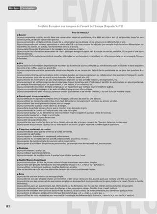Alter Ego + L’évaluation 
192 
ÉVALU Portfolio Européen des Langues du Conseil de l’Europe (Eaquals/ ALTE) 
Pour le niveau A2 
■ Écouter 
Je peux comprendre ce qu’on me dit, dans une conversation simple et quotidienne, si le débit est clair et lent ; il est possible, lorsqu’on s’en 
donne la peine, de se faire comprendre par moi. 
Je peux comprendre, en règle générale, le sujet de la conversation qui se déroule en ma présence si le débit est clair et lent. 
Je peux comprendre des phrases, expressions et morts relatifs à ce qui me concerne de très près (par exemple des informations élémentaires sur 
moi-même, ma famille, les achats, l’environnement proche, le travail). 
Je peux saisir l’essentiel d’annonces et de messages brefs, simples et clairs. 
Je peux capter les informations essentielles de courts passages enregistrés ayant trait à un sujet courant et prévisible, si l’on parle d’une façon 
lente et distincte. 
Je peux saisir l’information essentielle de nouvelles télévisées sur un événement, un accident, etc. si le commentaire est accompagné d’images 
éclairantes. 
■ Lire 
Je peux saisir les informations importantes de nouvelles ou d’articles de journaux simples qui sont bien structurés et illustrés et dans lesquelles 
les noms et les chiffres jouent un grand rôle. 
Je peux comprendre une lettre personnelle simple dans laquelle on me raconte des faits de la vie quotidienne ou me pose des questions à ce 
sujet. 
Je peux comprendre les communications écrites simples, laissées par mes connaissances ou collaborateurs (par exemple m’indiquant à quelle 
heure se retrouver pour aller au match ou me demander d’aller au travail plus tôt). 
Je peux trouver les informations les plus importantes de dépliants sur des activités de loisirs, des expositions, etc. 
Je peux parcourir les petites annonces dans les journaux, trouver la rubrique qui m’intéresse et identifi er les informations les plus importantes, 
par exemple dimensions et prix d’un appartement, d’une voiture, d’un ordinateur, etc. 
Je peux comprendre les modes d’emploi simples pour un équipement (par exemple pour le téléphone public). 
Je peux comprendre les messages et les aides simples de programmes informatiques. 
Je peux comprendre de brefs récits qui parlent de choses quotidiennes et de thèmes familiers, s’ils sont écrits de manière simple. 
■ Prendre part à une conversation 
Je peux effectuer des opérations simples dans un magasin, un bureau de poste ou une banque. 
Je peux utiliser les transports publics (bus, train, taxi) demander un renseignement sommaire ou acheter un billet. 
Je peux obtenir des renseignements simples pour un voyage. 
Je peux commander quelque chose à boire ou à manger. 
Je peux faire des achats simples, dire ce que je chercher et en demander le prix. 
Je peux demander le chemin ou l’indiquer avec une carte ou un plan. 
Je peux saluer quelqu’un, lui demander de ses nouvelles et réagir si j’apprends quelque chose de nouveau. 
Je peux inviter quelqu’un et réagir si on m’invite. 
Je peux m’excuser ou accepter des excuses. 
Je peux dire ce que j’aime ou non. 
Je peux discuter avec quelqu’un de ce qu’on va faire et où on va aller et je peux convenir de l’heure et du lieu du rendez-vous. 
Je peux poser des questions à quelqu’un sur son travail et ses loisirs ; je peux répondre au même type de questions. 
■ S’exprimer oralement en continu 
Je peux me décrire ainsi que ma famille ou d’autres personnes. 
Je peux décrire où j’habite. 
Je peux rapporter brièvement et simplement un événement. 
Je peux décrire ma formation et mon activité professionnelle actuelle ou récente. 
Je peux parler de manière simple de mes loisirs et de mes intérêts. 
Je peux parler d’activités et d’expériences personnelles, par exemple mon dernier week-end, mes vacances. 
■ Stratégies 
Je peux m’adresser à quelqu’un. 
Je peux indiquer quand je comprends. 
Je peux demander, de manière simple, à quelqu’un de répéter quelque chose. 
■ Qualité/Moyens linguistiques 
Je peux communiquer à l’aide de phrases mémorisées et de quelques expressions simples. 
Je peux relier des groupes de mots avec des mots simples tels que « et », « mais » ou « parce que ». 
Je peux utiliser correctement quelques modèles de phrases simples. 
Mon vocabulaire me suffi t pour me débrouiller dans des situations quotidiennes simples. 
ÉVALU 
■ Écrire 
Je peux écrire une note brève ou un message simple. 
Je peux décrire avec des phrases simples un événement et dire ce qui s’est passé (où, quand, quoi), par exemple une fête ou un accident. 
Je peux écrire avec des phrases et des expressions simples sur des aspects de la vie quotidienne (les gens, les lieux, le travail, l’école, la famille, 
les hobbys). 
Je peux donner, dans un questionnaire, des informations sur ma formation, mon travail, mes intérêts et mes domaines de spécialité. 
Je peux me présenter dans une lettre avec des phrases et des expressions simples (famille, école, travail, hobbys). 
Je peux écrire une brève lettre utilisant des formules d’adresse, de salutations, de remerciements et pour demander quelque chose. 
Je peux écrire des phrases simples et les relier par des mots tels que « et », « mais », « parce que ». 
Je peux utiliser les mots nécessaires pour exprimer la chronologie des événements (« d’abord », « ensuite », « plus tard », « après »). 
 