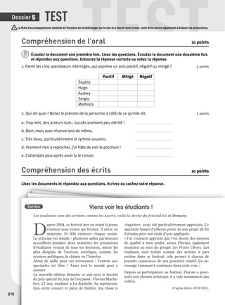 TEST TEST 
Dossier 5 
210 
La fi che d’accompagnement destinée à l’étudiant est à télécharger sur le site et à fournir avec le test. Cette fi che servira également à évaluer les productions. 
Compréhension de l’oral 10 points 
Écoutez le document une p remière fois. Lisez les questions. Écoutez le document une deuxième fois 
et répondez aux questions. Entourez la réponse correcte ou notez la réponse. 
1. Parmi les cinq spectateurs interrogés, qui exprime un avis positif, négatif ou mitigé ? 5 points 
Positif Mitigé Négatif 
Sophia 
Hugo 
Audrey 
Sergio 
Mathilda 
2. Qui dit quoi ? Notez le prénom de la personne à côté de ce qu’elle dit. 5 points 
a. Trop lent, des acteurs nuls : succès vraiment peu mérité ! . . . . . . . . . . . . . . . . . . . . . . . . . . . . . . . . . . . . . . . . 
b. Bien, mais avec réserve tout de même. . . . . . . . . . . . . . . . . . . . . . . . . . . . . . . . . . . . . . . . . 
c. Très beau, particulièrement le rythme soutenu. . . . . . . . . . . . . . . . . . . . . . . . . . . . . . . . . . . . . . . . . 
d. Vraiment rien à reprocher, j’ai hâte de voir le prochain ! . . . . . . . . . . . . . . . . . . . . . . . . . . . . . . . . . . . . . . . . 
e. J’attendais plus après avoir lu le roman. . . . . . . . . . . . . . . . . . . . . . . . . . . . . . . . . . . . . . . . . 
Compréhension des écrits 10 points 
Lisez les documents et répondez aux questions, écrivez ou cochez votre réponse. 
Viens voir les étudiants ! 
Les étudiants sont des artistes comme les autres, voilà la devise du festival Ici et Demain. 
Depuis 2004, ce festival met en avant la jeune 
création sous toutes ses formes. Il attire en 
moyenne 10 000 visiteurs chaque année. 
Le principe est simple : plusieurs salles parisiennes 
accueillent pendant deux semaines les prestations 
d’étudiants venant de tous les horizons, même les 
plus éloignés de l’univers artistique, comme les 
sciences politiques, la chimie ou l’histoire. 
Atout de taille pour cet évènement : l’entrée aux 
spectacles est libre ! Ainsi tout le monde peut y 
assister. 
La nouvelle édition démarre ce soir avec le lauréat 
du prix spécial du jury de l’an passé : Florian Mache-fert, 
27 ans, étudiant à La Rochelle. Sa représenta-tion 
entre concert et pièce de théâtre, My Home is 
Anywhere, avait été particulièrement appréciée. Ce 
spectacle faisait d’ailleurs partie de son projet de fi n 
d’études pour son école d’arts appliqués. 
« J’ai vraiment apprécié que l’on donne des moyens 
de qualité à mon projet, avoue Florian, également 
musicien au sein du groupe Les Petites Choses. Les 
étudiants sont traités comme des artistes à part 
entière dans ce festival, cela permet à chacun de 
prendre conscience de son potentiel créatif. Ça en-courage 
vraiment à continuer dans cette voie. » 
Depuis sa participation au festival, Florian a pour-suivi 
son chemin artistique, il a créé notamment des 
vidéos. 
D’après Métro, 8/03/2012. 
Sorties 
 