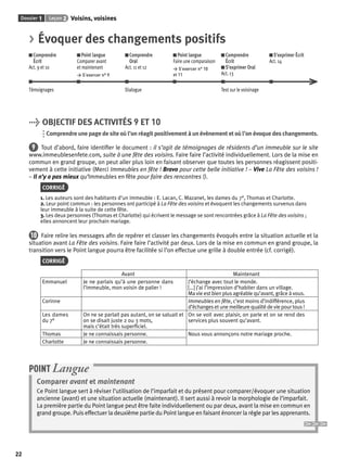 Dossier 1 Leçon 2 Voisins, voisines 
22 
> Évoquer des changements positifs 
Comprendre 
Écrit 
Act. 9 et 10 
Point langue 
Comparer avant 
et maintenant 
> S’exercer n° 9 
Comprendre 
Oral 
Act. 11 et 12 
Point langue 
Faire une comparaison 
> S’exercer n° 10 
et 11 
Comprendre 
Écrit 
S’exprimer Oral 
Act. 13 
S’exprimer Écrit 
Act. 14 
Témoignages Dialogue Test sur le voisinage 
> OBJECTIF DES ACTIVITÉS 9 ET 10 
Comprendre une page de site où l’on réagit positivement à un évènement et où l’on évoque des changements. 
9 Tout d’abord, faire identifi er le document : il s’agit de témoignages de résidents d’un immeuble sur le site 
www.immeublesenfete.com, suite à une fête des voisins. Faire faire l’activité individuellement. Lors de la mise en 
commun en grand groupe, on peut aller plus loin en faisant observer que toutes les personnes réagissent positi-vement 
à cette initiative (Merci Immeubles en fête ! Bravo pour cette belle initiative ! – Vive La Fête des voisins ! 
– Il n’y a pas mieux qu’Immeubles en fête pour faire des rencontres !). 
CORRIGÉ 
1. Les auteurs sont des habitants d’un immeuble : E. Lacan, C. Mazanet, les dames du 7e, Thomas et Charlotte. 
2. Leur point commun : les personnes ont participé à La Fête des voisins et évoquent les changements survenus dans 
leur immeuble à la suite de cette fête. 
3. Les deux personnes (Thomas et Charlotte) qui écrivent le message se sont rencontrées grâce à La Fête des voisins ; 
elles annoncent leur prochain mariage. 
10 Faire relire les messages afi n de repérer et classer les changements évoqués entre la situation actuelle et la 
situation avant La Fête des voisins. Faire faire l’activité par deux. Lors de la mise en commun en grand groupe, la 
transition vers le Point langue pourra être facilitée si l’on effectue une grille à double entrée (cf. corrigé). 
CORRIGÉ 
Avant Maintenant 
Emmanuel Je ne parlais qu’à une personne dans 
l’immeuble, mon voisin de palier ! 
J’échange avec tout le monde. 
[…] j’ai l’impression d’habiter dans un village. 
Ma vie est bien plus agréable qu’avant, grâce à vous. 
Corinne Immeubles en fête, c’est moins d’indifférence, plus 
d’échanges et une meilleure qualité de vie pour tous ! 
Les dames 
du 7e 
On ne se parlait pas autant, on se saluait et 
on se disait juste 2 ou 3 mots, 
mais c’était très superfi ciel. 
On se voit avec plaisir, on parle et on se rend des 
services plus souvent qu’avant. 
Thomas Je ne connaissais personne. Nous vous annonçons notre mariage proche. 
Charlotte Je ne connaissais personne. 
POINT Langue 
Comparer avant et maintenant 
Ce Point langue sert à réviser l’utilisation de l’imparfait et du présent pour comparer/évoquer une situation 
ancienne (avant) et une situation actuelle (maintenant). Il sert aussi à revoir la morphologie de l’imparfait. 
La première partie du Point langue peut être faite individuellement ou par deux, avant la mise en commun en 
grand groupe. Puis effectuer la deuxième partie du Point langue en faisant énoncer la règle par les apprenants. 
 