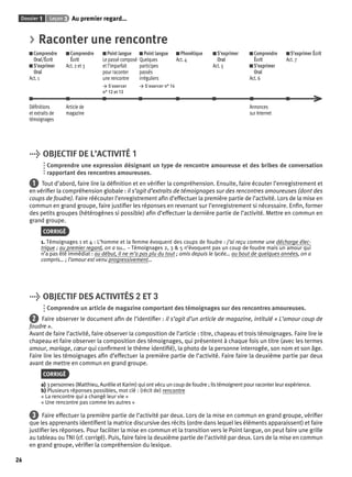 Dossier 1 Leçon 3 Au premier regard… 
26 
> Raconter une rencontre 
Comprendre 
Comprendre 
Oral/Écrit 
Écrit 
S’exprimer 
Act. 2 et 3 
Oral 
Act. 1 
Point langue 
Le passé composé 
et l’imparfait 
pour raconter 
une rencontre 
> S’exercer 
n° 12 et 13 
Point langue 
Quelques 
participes 
passés 
irréguliers 
> S’exercer n° 14 
Phonétique 
Act. 4 
S’exprimer 
Oral 
Act. 5 
Comprendre 
Écrit 
S’exprimer 
Oral 
Act. 6 
S’exprimer Écrit 
Act. 7 
Défi nitions 
et extraits de 
témoignages 
Article de 
magazine 
Annonces 
sur Internet 
> OBJECTIF DE L’ACTIVITÉ 1 
Comprendre une expression désignant un type de rencontre amoureuse et des bribes de conversation 
rapportant des rencontres amoureuses. 
1 Tout d’abord, faire lire la défi nition et en vérifi er la compréhension. Ensuite, faire écouter l’enregistrement et 
en vérifi er la compréhension globale : il s’agit d’extraits de témoignages sur des rencontres amoureuses (dont des 
coups de foudre). Faire réécouter l’enregistrement afi n d’effectuer la première partie de l’activité. Lors de la mise en 
commun en grand groupe, faire justifi er les réponses en revenant sur l’enregistrement si nécessaire. Enfi n, former 
des petits groupes (hétérogènes si possible) afi n d’effectuer la dernière partie de l’activité. Mettre en commun en 
grand groupe. 
CORRIGÉ 
1. Témoignages 1 et 4 : L’homme et la femme évoquent des coups de foudre : j’ai reçu comme une décharge élec-trique 
; au premier regard, on a su… – Témoignages 2, 3 & 5 n’évoquent pas un coup de foudre mais un amour qui 
n’a pas été immédiat : au début, il ne m’a pas plu du tout ; amis depuis le lycée… au bout de quelques années, on a 
compris… ; l’amour est venu progressivement… 
> OBJECTIF DES ACTIVITÉS 2 ET 3 
Comprendre un article de magazine comportant des témoignages sur des rencontres amoureuses. 
2 Faire observer le document afi n de l’identifi er : il s’agit d’un article de magazine, intitulé « L’amour coup de 
foudre ». 
Avant de faire l’activité, faire observer la composition de l’article : titre, chapeau et trois témoignages. Faire lire le 
chapeau et faire observer la composition des témoignages, qui présentent à chaque fois un titre (avec les termes 
amour, mariage, coeur qui confi rment le thème identifi é), la photo de la personne interrogée, son nom et son âge. 
Faire lire les témoignages afi n d’effectuer la première partie de l’activité. Faire faire la deuxième partie par deux 
avant de mettre en commun en grand groupe. 
CORRIGÉ 
a) 3 personnes (Matthieu, Aurélie et Karim) qui ont vécu un coup de foudre ; ils témoignent pour raconter leur expérience. 
b) Plusieurs réponses possibles, mot clé : (récit de) rencontre 
« La rencontre qui a changé leur vie » 
« Une rencontre pas comme les autres » 
3 Faire effectuer la première partie de l’activité par deux. Lors de la mise en commun en grand groupe, vérifi er 
que les apprenants identifi ent la matrice discursive des récits (ordre dans lequel les éléments apparaissent) et faire 
justifi er les réponses. Pour faciliter la mise en commun et la transition vers le Point langue, on peut faire une grille 
au tableau ou TNI (cf. corrigé). Puis, faire faire la deuxième partie de l’activité par deux. Lors de la mise en commun 
en grand groupe, vérifi er la compréhension du lexique. 
 