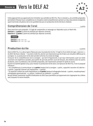Dossier 4 Vers le DELF A2 A2 
96 
Cette page permet aux apprenants de s’entraîner aux activités du DELF A2. Pour ce dossier 4, les activités proposées 
permettent d’évaluer leurs compétences en réception orale (compréhension portant sur deux documents enregistrés 
ayant trait à des situations de la vie quotidienne) puis en production écrite (écriture créative). 
Compréhension de l’oral 7 points 
Deux exercices sont proposés : il s’agit de comprendre un message sur répondeur puis un fl ash info. 
Exercice 1 : 3 points (1 point est attribué par réponse correcte). 
Exercice 2 : 4 points (1 point est attribué par réponse correcte). 
CORRIGÉ 
Exercice 1 : 1 b – 2 a – 3 c 
Exercice 2 : 1 b – 2 c – 3 c – 4 a 
Production écrite 13 points 
Dans le DELF A2, il y a deux types d’épreuves pour la production écrite. Il s’agit ici d’une tâche de type « exercice 1 » 
du DELF (écriture créative ➝ raconter et décrire, donner ses impressions par écrit dans une situation défi nie par la 
consigne. Ici, la production écrite doit prendre la forme d’un texte de blog). 
S’assurer de la compréhension de la consigne : qui écrit (l’apprenant), à qui (aux internautes), quoi (un texte 
racontant une expérience passée), pour parler de quoi (du premier cours de français, des relations avec les autres 
étudiants, avec le professeur, des activités proposées, des impressions pendant et après le cours). 
À partir du barème global conçu pour évaluer la production écrite dans une épreuve de DELF A2, il est ici proposé 
d’évaluer : 
– les compétences à communiquer sur 7 points (respect de la consigne : 1 point ; capacité à raconter et à décrire : 
4 points ; capacité à donner ses impressions : 2 points) 
– la capacité à utiliser les outils linguistiques sur 6 points (lexique/orthographe lexicale : 2 points ; morphosyntaxe/ 
orthographe grammaticale : 2,5 points ; cohérence et cohésion : 1,5 point). 
Ne pas hésiter à présenter la grille d’évaluation du DELF pour permettre aux apprenants de s’approprier les critères 
avec lesquels ils seront évalués. 
 