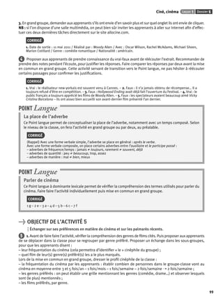Ciné, cinéma Leçon 1 Dossier 5 
99 
3. En grand groupe, demander aux apprenants s’ils ont envie d’en savoir plus et sur quel onglet ils ont envie de cliquer. 
NB : si l’on dispose d’une salle multimédia, on peut bien sûr inviter les apprenants à aller sur Internet afi n d’effec-tuer 
ces deux dernières tâches directement sur le site allocine.com. 
CORRIGÉ 
1. Date de sortie : 11 mai 2011 / Réalisé par : Woody Allen / Avec : Oscar Wilson, Rachel McAdams, Michael Sheen, 
Marion Cotillard / Genre : comédie romantique / Nationalité : américain. 
4 Proposer aux apprenants de prendre connaissance du vrai-faux avant de réécouter l’extrait. Recommander de 
prendre des notes pendant l’écoute, pour justifi er les réponses. Faire comparer les réponses par deux avant la mise 
en commun en grand groupe. Cette activité servant de transition vers le Point langue, ne pas hésiter à réécouter 
certains passages pour confi rmer les justifi cations. 
CORRIGÉ 
1. Vrai : le réalisateur new-yorkais est souvent venu à Cannes. – 2. Faux : il n’a jamais obtenu de récompense… Il a 
toujours refusé d’être en compétition. – 3. Faux : Hollywood Ending avait déjà fait l’ouverture du Festival. – 4. Vrai : le 
public français a toujours apprécié les fi lms de Woody Allen. – 5. Faux : les spectateurs avaient beaucoup aimé Vicky 
Cristina Barcelona – ils ont assez bien accueilli son avant-dernier fi lm présenté l’an dernier. 
POINT Langue 
La place de l’adverbe 
Ce Point langue permet de conceptualiser la place de l’adverbe, notamment avec un temps composé. Selon 
le niveau de la classe, on fera l’activité en grand groupe ou par deux, au préalable. 
CORRIGÉ 
(Rappel) Avec une forme verbale simple, l’adverbe se place en général : après le verbe. 
Avec une forme verbale composée, on place certains adverbes entre l’auxiliaire et le participe passé : 
– adverbes de fréquence/temps : jamais ≠ toujours, rarement ≠ souvent, déjà 
– adverbes de quantité : peu ≠ beaucoup, trop, assez 
– adverbes de manière : mal ≠ bien, mieux 
POINT Langue 
Parler de cinéma 
Ce Point langue à dominante lexicale permet de vérifi er la compréhension des termes utilisés pour parler du 
cinéma. Faire faire l’activité individuellement puis mise en commun en grand groupe. 
CORRIGÉ 
1 g – 2 e – 3 a – 4 d – 5 b – 6 c – 7 f 
> OBJECTIF DE L’ACTIVITÉ 5 
Échanger sur ses préférences en matière de cinéma et sur les palmarès récents. 
5 1. Avant de faire faire l’activité, vérifi er la compréhension des genres de fi lms cités. Puis proposer aux apprenants 
de se déplacer dans la classe pour se regrouper par genre préféré. Proposer un échange dans les sous-groupes, 
pour que les apprenants disent : 
– leur fréquentation du cinéma (cela permettra d’identifi er « le » cinéphile du groupe) ; 
– quel fi lm de leur(s) genre(s) préféré(s) les a le plus marqués. 
Lors de la mise en commun en grand groupe, dresser le profi l cinéphile de la classe : 
– la fréquentation du cinéma par les apprenants : établir combien de personnes dans le groupe-classe vont au 
cinéma en moyenne entre 3 et 5 fois/an – 1 fois/mois – 1 fois/semaine – 2 fois/semaine ➝ 2 fois/semaine ; 
– les genres préférés : on peut établir une grille mentionnant les genres (comédie, drame…) et observer lesquels 
sont (le plus) mentionnés ; 
– les fi lms préférés, par genre. 
 