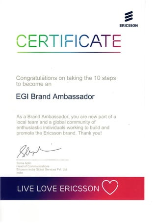 Ericsson Brand Ambassador Certificate
