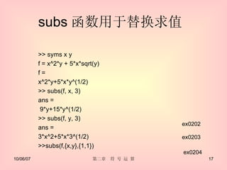 subs 函数用于替换求值  >> syms x y f = x^2*y + 5*x*sqrt(y) f = x^2*y+5*x*y^(1/2) >> subs(f, x, 3) ans = 9*y+15*y^(1/2) >> subs(f, y, 3) ans = 3*x^2+5*x*3^(1/2) >>subs(f,{x,y},{1,1}) ex0202 ex0203 ex0204 