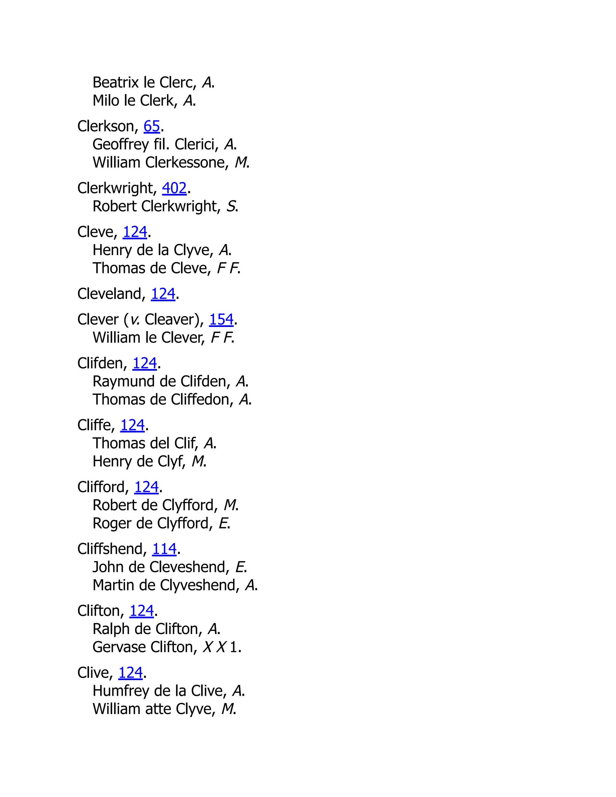 Beatrix le Clerc, A. Milo le Clerk, A. Clerkson, 65. Geoffrey fil. Clerici, A. William Clerkessone, M. Clerkwright, 402. Robert Clerkwright, S. Cleve, 124. Henry de la Clyve, A. Thomas de Cleve, F F. Cleveland, 124. Clever (v. Cleaver), 154. William le Clever, F F. Clifden, 124. Raymund de Clifden, A. Thomas de Cliffedon, A. Cliffe, 124. Thomas del Clif, A. Henry de Clyf, M. Clifford, 124. Robert de Clyfford, M. Roger de Clyfford, E. Cliffshend, 114. John de Cleveshend, E. Martin de Clyveshend, A. Clifton, 124. Ralph de Clifton, A. Gervase Clifton, X X 1. Clive, 124. Humfrey de la Clive, A. William atte Clyve, M. 