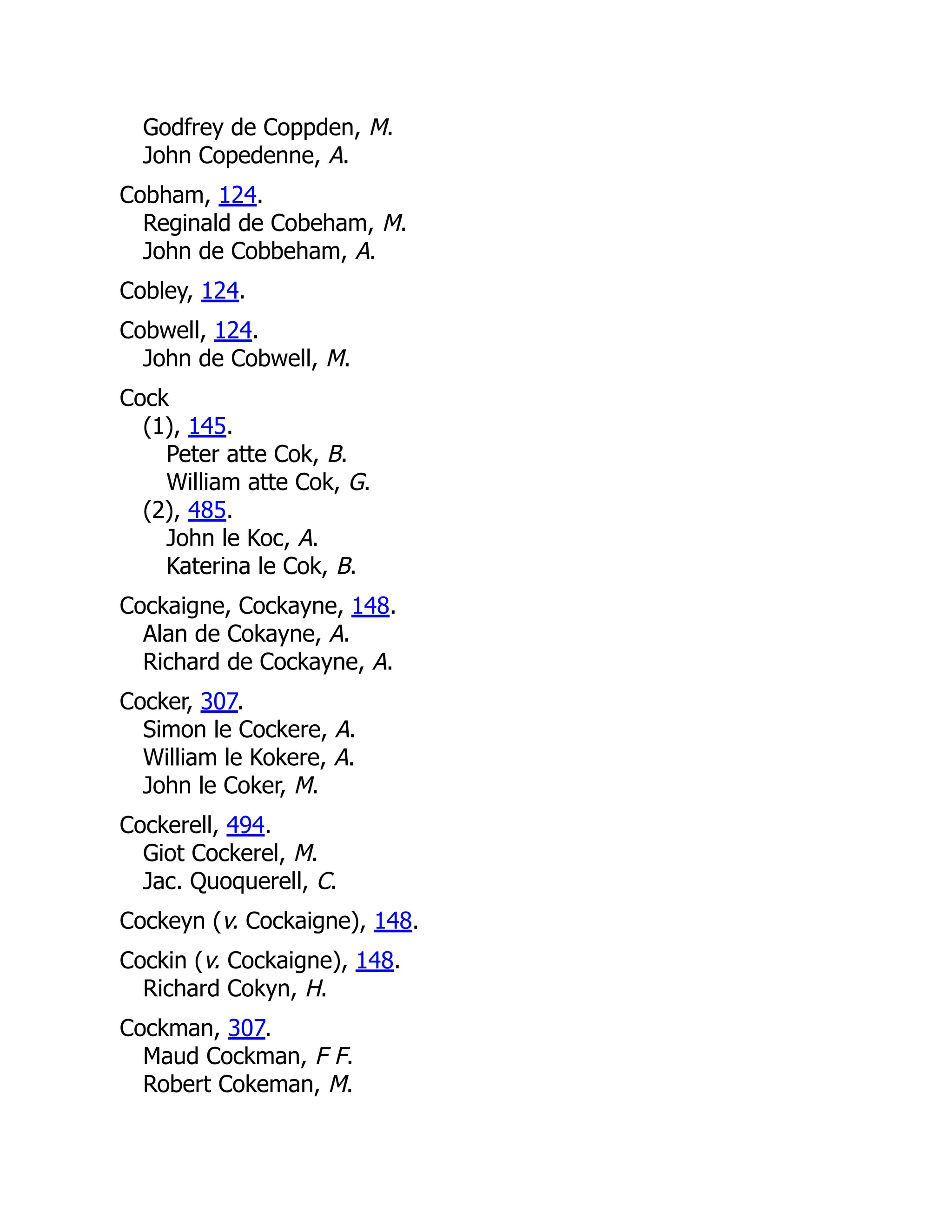 Godfrey de Coppden, M. John Copedenne, A. Cobham, 124. Reginald de Cobeham, M. John de Cobbeham, A. Cobley, 124. Cobwell, 124. John de Cobwell, M. Cock (1), 145. Peter atte Cok, B. William atte Cok, G. (2), 485. John le Koc, A. Katerina le Cok, B. Cockaigne, Cockayne, 148. Alan de Cokayne, A. Richard de Cockayne, A. Cocker, 307. Simon le Cockere, A. William le Kokere, A. John le Coker, M. Cockerell, 494. Giot Cockerel, M. Jac. Quoquerell, C. Cockeyn (v. Cockaigne), 148. Cockin (v. Cockaigne), 148. Richard Cokyn, H. Cockman, 307. Maud Cockman, F F. Robert Cokeman, M. 