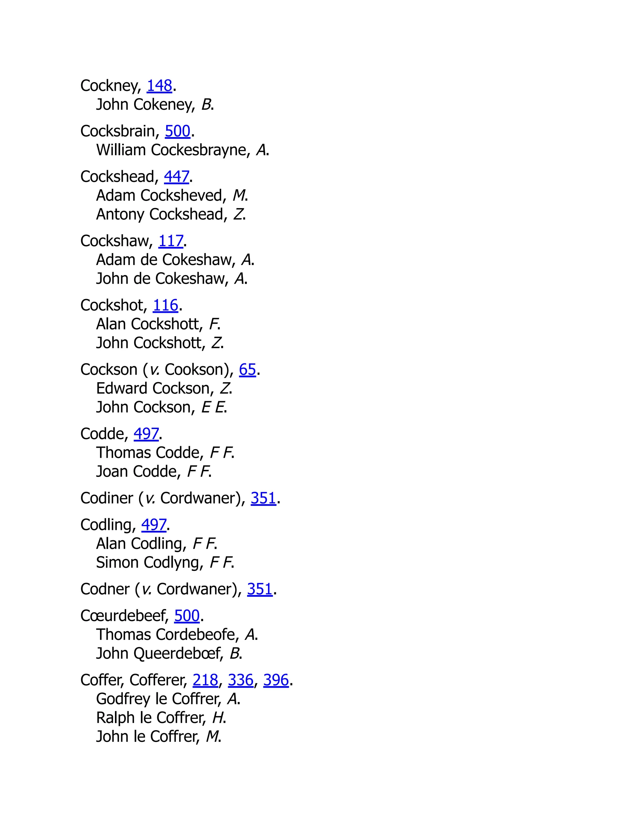 Cockney, 148. John Cokeney, B. Cocksbrain, 500. William Cockesbrayne, A. Cockshead, 447. Adam Cocksheved, M. Antony Cockshead, Z. Cockshaw, 117. Adam de Cokeshaw, A. John de Cokeshaw, A. Cockshot, 116. Alan Cockshott, F. John Cockshott, Z. Cockson (v. Cookson), 65. Edward Cockson, Z. John Cockson, E E. Codde, 497. Thomas Codde, F F. Joan Codde, F F. Codiner (v. Cordwaner), 351. Codling, 497. Alan Codling, F F. Simon Codlyng, F F. Codner (v. Cordwaner), 351. Cœurdebeef, 500. Thomas Cordebeofe, A. John Queerdebœf, B. Coffer, Cofferer, 218, 336, 396. Godfrey le Coffrer, A. Ralph le Coffrer, H. John le Coffrer, M. 