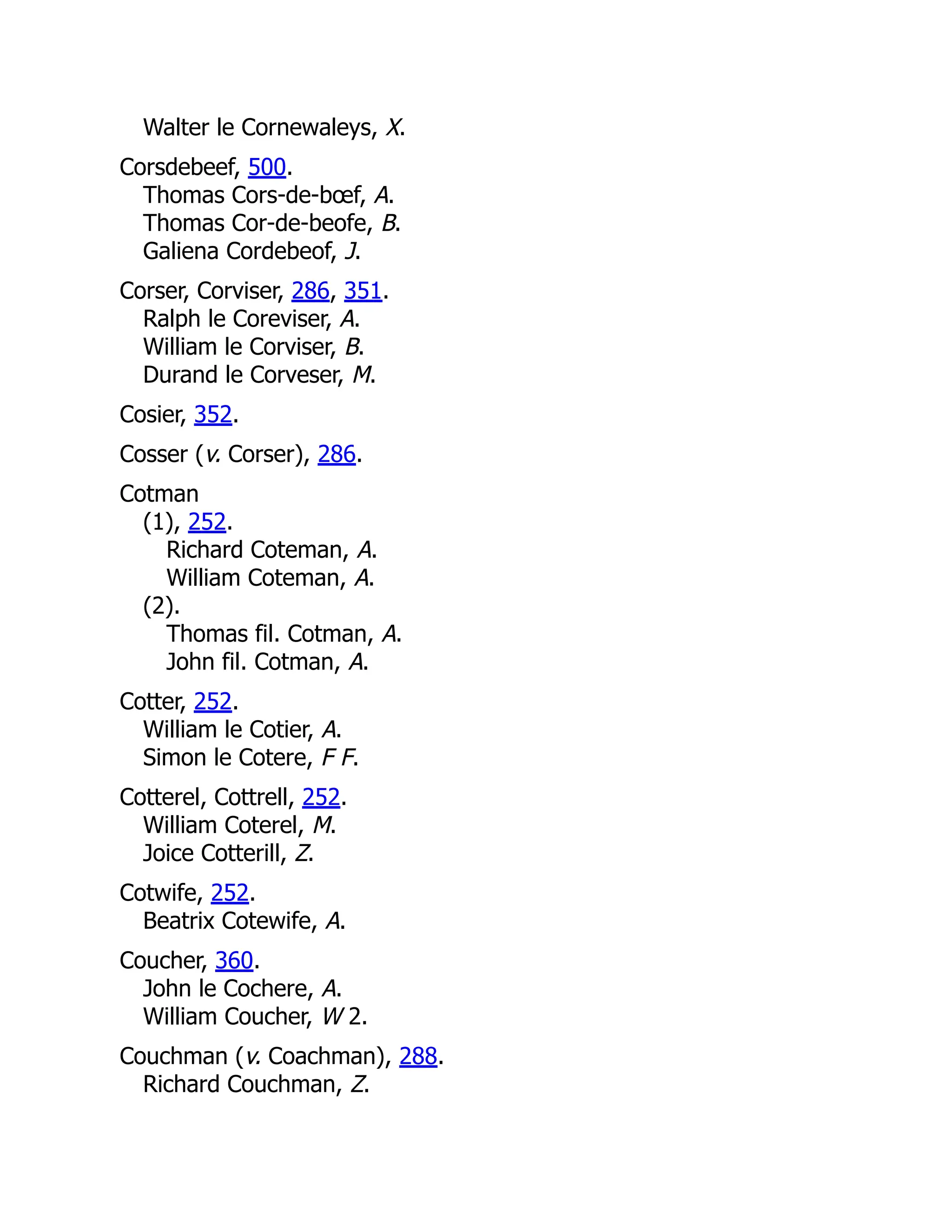 Walter le Cornewaleys, X. Corsdebeef, 500. Thomas Cors-de-bœf, A. Thomas Cor-de-beofe, B. Galiena Cordebeof, J. Corser, Corviser, 286, 351. Ralph le Coreviser, A. William le Corviser, B. Durand le Corveser, M. Cosier, 352. Cosser (v. Corser), 286. Cotman (1), 252. Richard Coteman, A. William Coteman, A. (2). Thomas fil. Cotman, A. John fil. Cotman, A. Cotter, 252. William le Cotier, A. Simon le Cotere, F F. Cotterel, Cottrell, 252. William Coterel, M. Joice Cotterill, Z. Cotwife, 252. Beatrix Cotewife, A. Coucher, 360. John le Cochere, A. William Coucher, W 2. Couchman (v. Coachman), 288. Richard Couchman, Z. 