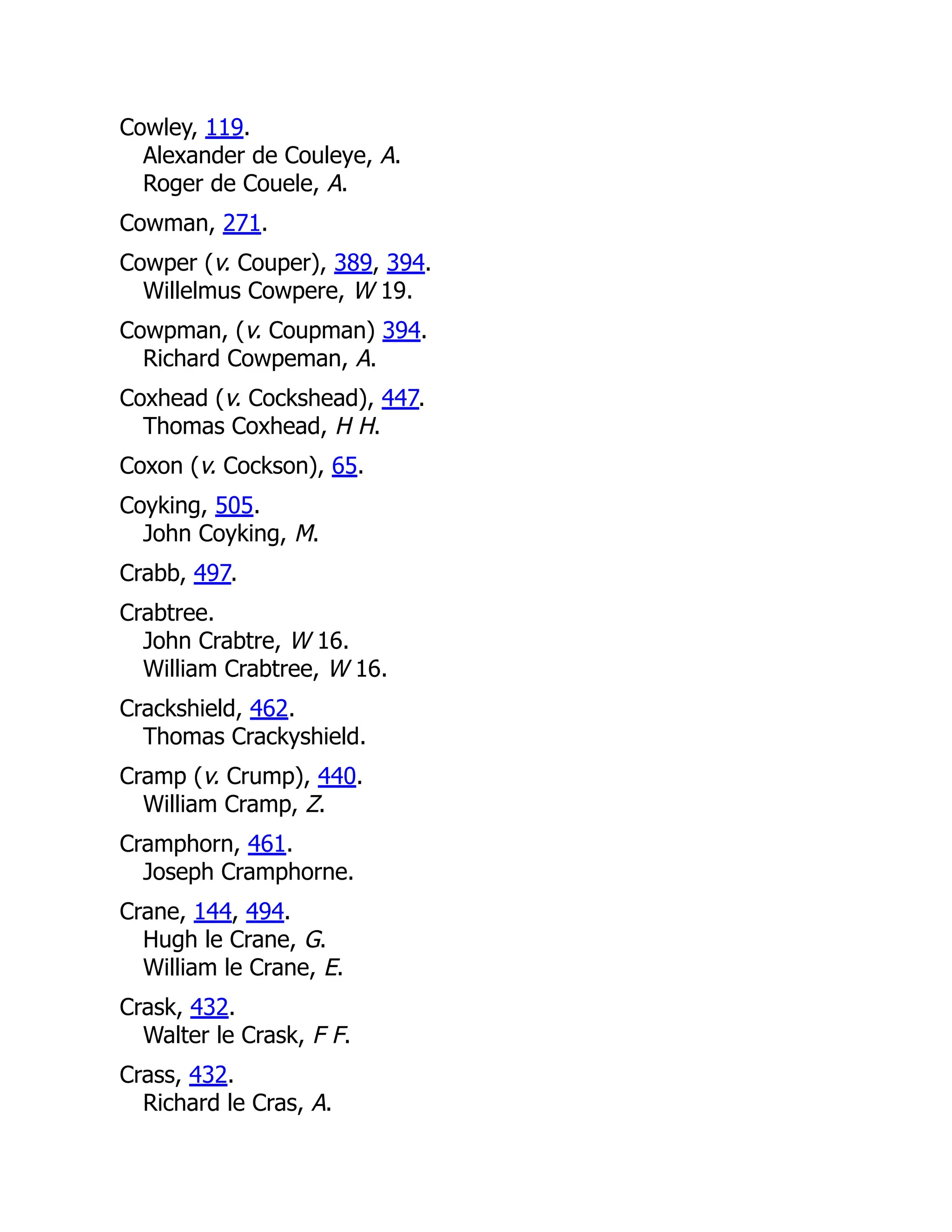Cowley, 119. Alexander de Couleye, A. Roger de Couele, A. Cowman, 271. Cowper (v. Couper), 389, 394. Willelmus Cowpere, W 19. Cowpman, (v. Coupman) 394. Richard Cowpeman, A. Coxhead (v. Cockshead), 447. Thomas Coxhead, H H. Coxon (v. Cockson), 65. Coyking, 505. John Coyking, M. Crabb, 497. Crabtree. John Crabtre, W 16. William Crabtree, W 16. Crackshield, 462. Thomas Crackyshield. Cramp (v. Crump), 440. William Cramp, Z. Cramphorn, 461. Joseph Cramphorne. Crane, 144, 494. Hugh le Crane, G. William le Crane, E. Crask, 432. Walter le Crask, F F. Crass, 432. Richard le Cras, A. 