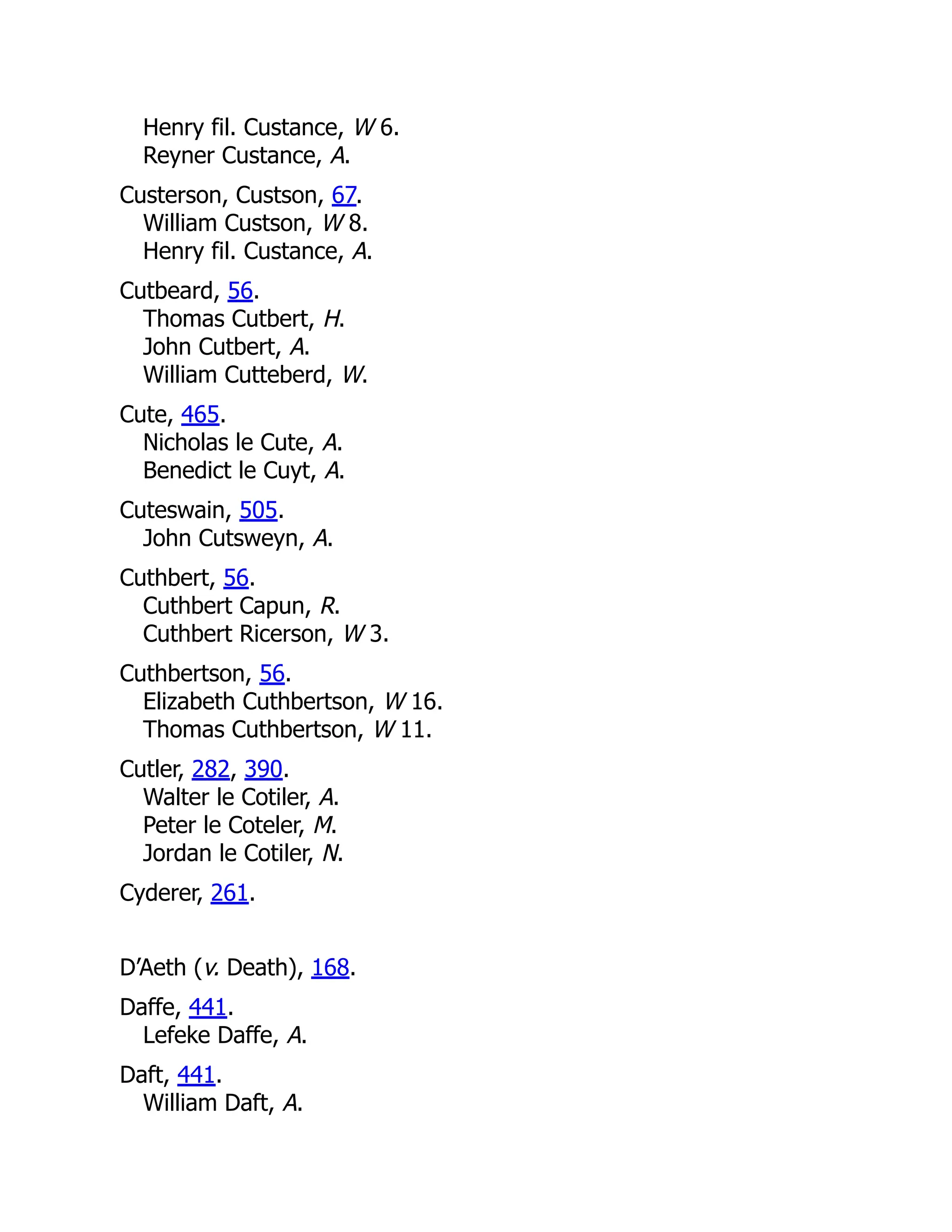 Henry fil. Custance, W 6. Reyner Custance, A. Custerson, Custson, 67. William Custson, W 8. Henry fil. Custance, A. Cutbeard, 56. Thomas Cutbert, H. John Cutbert, A. William Cutteberd, W. Cute, 465. Nicholas le Cute, A. Benedict le Cuyt, A. Cuteswain, 505. John Cutsweyn, A. Cuthbert, 56. Cuthbert Capun, R. Cuthbert Ricerson, W 3. Cuthbertson, 56. Elizabeth Cuthbertson, W 16. Thomas Cuthbertson, W 11. Cutler, 282, 390. Walter le Cotiler, A. Peter le Coteler, M. Jordan le Cotiler, N. Cyderer, 261. D’Aeth (v. Death), 168. Daffe, 441. Lefeke Daffe, A. Daft, 441. William Daft, A. 