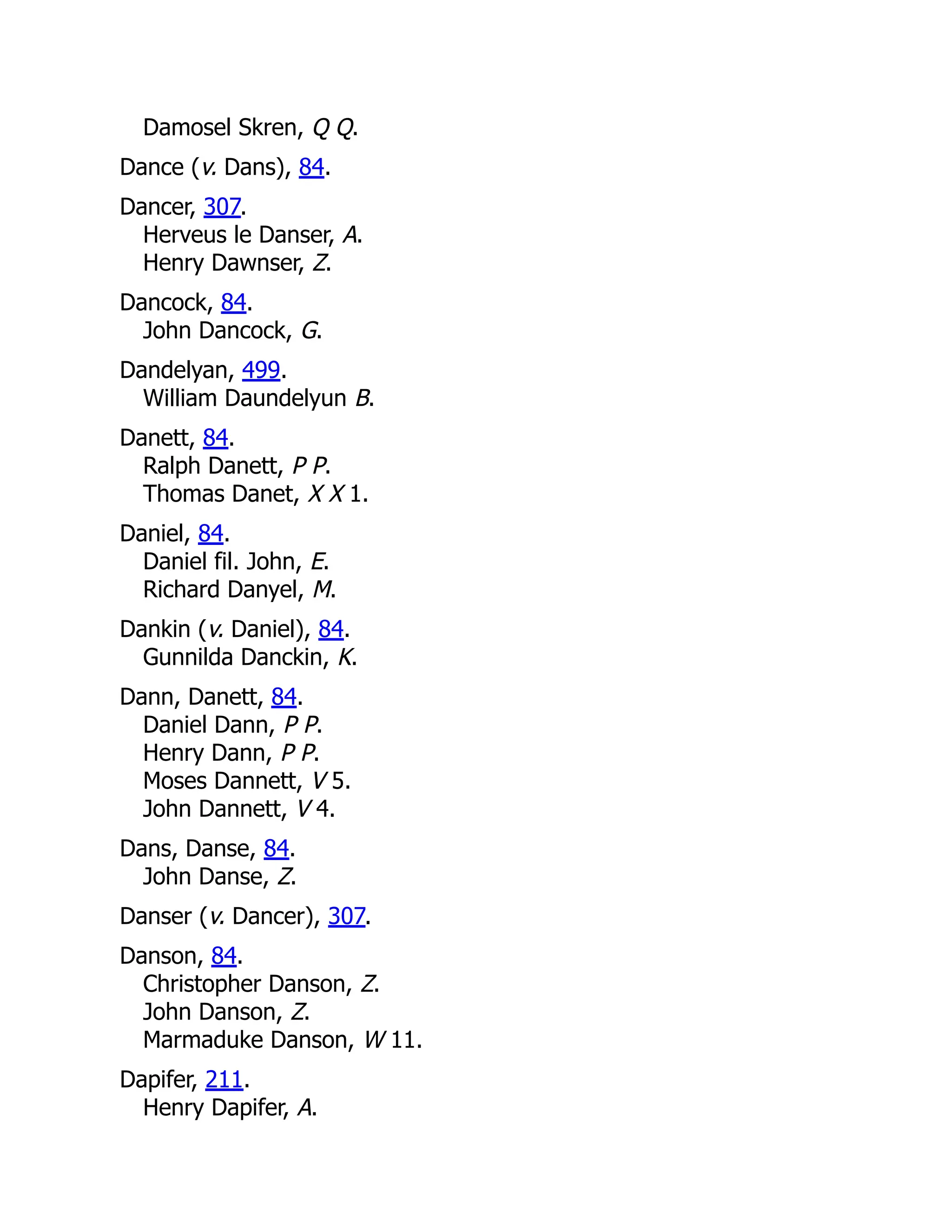 Damosel Skren, Q Q. Dance (v. Dans), 84. Dancer, 307. Herveus le Danser, A. Henry Dawnser, Z. Dancock, 84. John Dancock, G. Dandelyan, 499. William Daundelyun B. Danett, 84. Ralph Danett, P P. Thomas Danet, X X 1. Daniel, 84. Daniel fil. John, E. Richard Danyel, M. Dankin (v. Daniel), 84. Gunnilda Danckin, K. Dann, Danett, 84. Daniel Dann, P P. Henry Dann, P P. Moses Dannett, V 5. John Dannett, V 4. Dans, Danse, 84. John Danse, Z. Danser (v. Dancer), 307. Danson, 84. Christopher Danson, Z. John Danson, Z. Marmaduke Danson, W 11. Dapifer, 211. Henry Dapifer, A. 