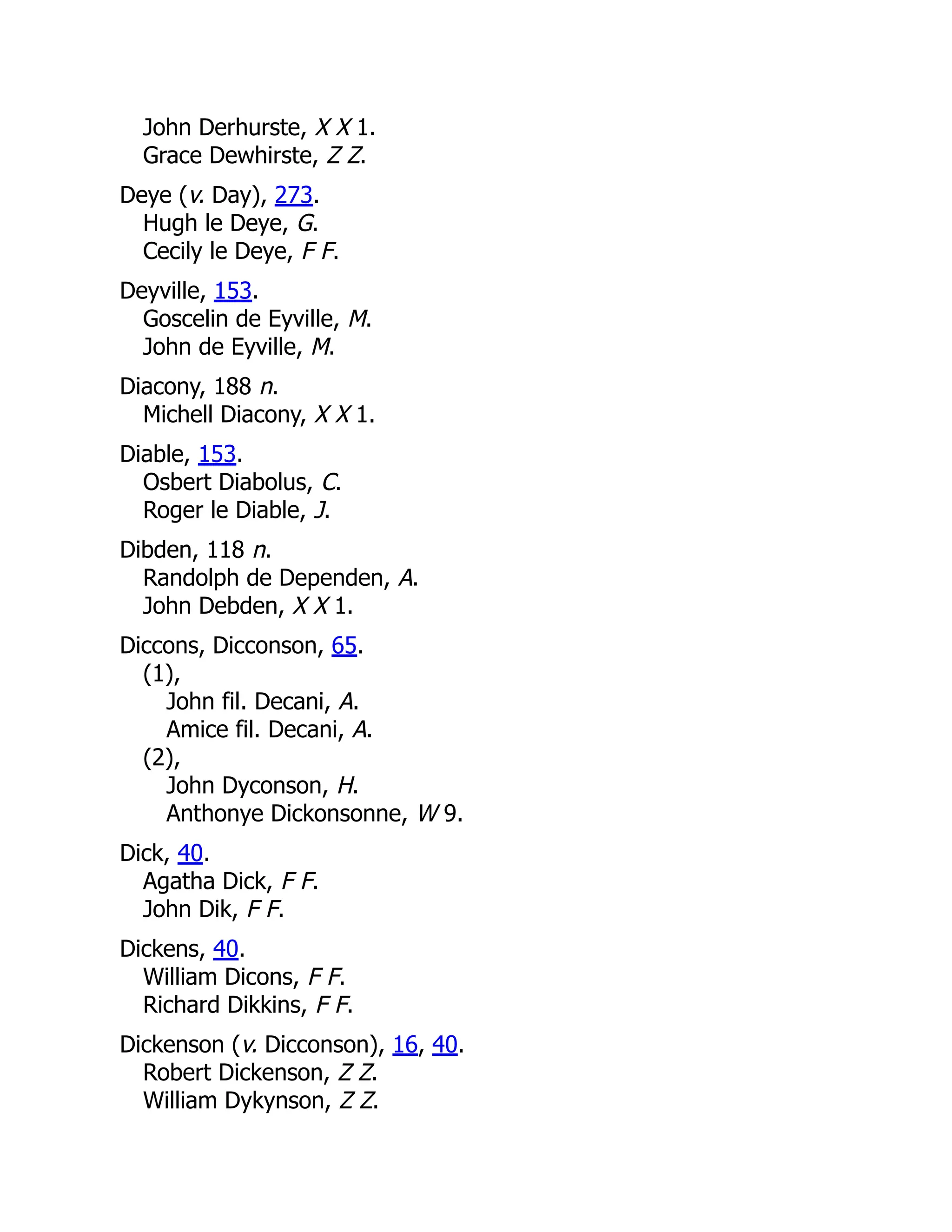 John Derhurste, X X 1. Grace Dewhirste, Z Z. Deye (v. Day), 273. Hugh le Deye, G. Cecily le Deye, F F. Deyville, 153. Goscelin de Eyville, M. John de Eyville, M. Diacony, 188 n. Michell Diacony, X X 1. Diable, 153. Osbert Diabolus, C. Roger le Diable, J. Dibden, 118 n. Randolph de Dependen, A. John Debden, X X 1. Diccons, Dicconson, 65. (1), John fil. Decani, A. Amice fil. Decani, A. (2), John Dyconson, H. Anthonye Dickonsonne, W 9. Dick, 40. Agatha Dick, F F. John Dik, F F. Dickens, 40. William Dicons, F F. Richard Dikkins, F F. Dickenson (v. Dicconson), 16, 40. Robert Dickenson, Z Z. William Dykynson, Z Z. 