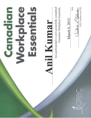 Certificate- Canadian Workplace Essentials- OTEC