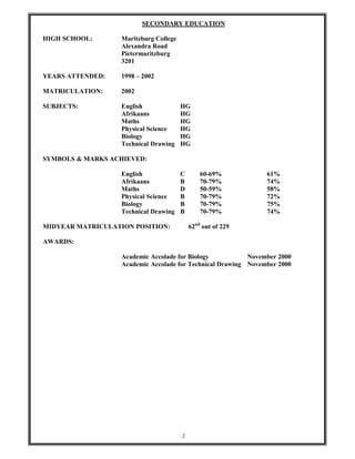 2
SECONDARY EDUCATION
HIGH SCHOOL: Maritzburg College
Alexandra Road
Pietermaritzburg
3201
YEARS ATTENDED: 1998 – 2002
MATRICULATION: 2002
SUBJECTS: English HG
Afrikaans HG
Maths HG
Physical Science HG
Biology HG
Technical Drawing HG
SYMBOLS & MARKS ACHIEVED:
English C 60-69% 61%
Afrikaans B 70-79% 74%
Maths D 50-59% 58%
Physical Science B 70-79% 72%
Biology B 70-79% 75%
Technical Drawing B 70-79% 74%
MIDYEAR MATRICULATION POSITION: 62nd
out of 229
AWARDS:
Academic Accolade for Biology November 2000
Academic Accolade for Technical Drawing November 2000
 