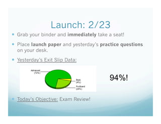 Launch: 2/23
  Grab your binder and immediately take a seat!
  Place launch paper and yesterday’s practice questions
  on your desk.
  Yesterday’s Exit Slip Data:


                                         94%!

  Today’s Objective: Exam Review!
 