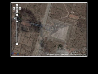 Los aztecas llegaron a Teotihuacan en el siglo XIV y se encontraron con un inmenso centro religioso abandonado. Tanto les impresionó la grandeza del lugar, que pensaron que había sido creado por gigantes y que incluso los dioses se habían reunido ahí.  La zona fue poblada desde siglos antes de Cristo, con una población de entre 125 mil y 250 mil habitantes, siendo una de las 5 ciudades más pobladas del mundo en esa época. En la imagen se puede observar la Pirámide del Sol, cuyos lados miden 215 metros.  