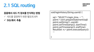 2.1 SQL routing
응용에서 샤드 키 정보를 인식하는 방법
ü 샤드를 결정하기 위한 별도의 API
ü SQL에서 추출
void loginHistory(String userid) {
sql = “SELECT h.login_time, … ”;
pstmt = conn.prepareStatement(sql)
pstmt.setString(1, userid);
pstmt.setTimestamp(2, startTime);
pstmt.setTimestamp(3, endTime);
ResultSet rs = pstmt.executeQuery();
…
}
 