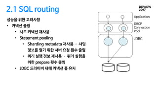 2.1 SQL routing
성능을 위한 고려사항
• 커넥션 풀링
• 샤드 커넥션 재사용
• Statement pooling
• Sharding metadata 재사용 ­ 샤딩
정보를 얻기 위한 서버 요청 횟수 줄임
• 쿼리 실행 정보 재사용 ­ 쿼리 실행을
위한 prepare 횟수 줄임
• JDBC 드라이버 내에 커넥션 풀 유지
DBCP
Connection
Pool
JDBC
Application
 