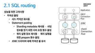2.1 SQL routing
성능을 위한 고려사항
• 커넥션 풀링
• 샤드 커넥션 재사용
• Statement pooling
• Sharding metadata 재사용 ­ 샤딩
정보를 얻기 위한 서버 요청 횟수 줄임
• 쿼리 실행 정보 재사용 ­ 쿼리 실행을
위한 prepare 횟수 줄임
• JDBC 드라이버 내에 커넥션 풀 유지
DBCP
Connection
Pool
JDBC
shard
Connection
Pool
Application
 