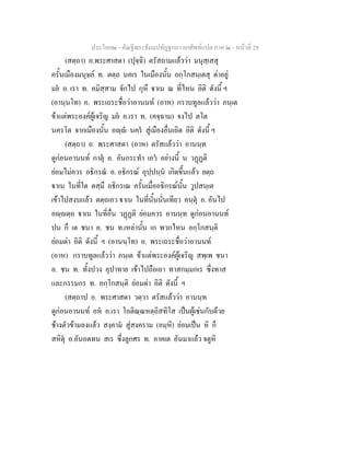ประโยค๒ - คัณฐีพระธัมมปทัฏฐกถา ยกศัพทแปล ภาค ๒ - หนาที่ 29
(สตฺถา) อ.พระศาสดา (ปุจฺฉิ) ตรัสถามแลววา มนุสฺเสสุ
ครั้นเมืองมนุษย ท. ตตฺถ นคเร ในเมืองนั้น อกฺโกสนฺเตสุ ดาอยู
มย อ. เรา ท. คมิสฺสาม จักไป กุหึ าเน ณ ที่ไหน อิติ ดังนี้ ฯ
(อานฺนโท) อ. พระเถระชื่อวาอานนท (อาห) กราบทูลแลววา ภนฺเต
ขาแตพระองคผูเจริญ มย อ.เรา ท. (คจฺฉาม) จงไป ตโต
นครโต จากเมืองนั้น อฺ นคร สูเมืองอื่นเถิด อิติ ดังนี้ ฯ
(สตฺถา) อ. พระศาสดา (อาห) ตรัสแลววา อานนฺท
ดูกอนอานนท กาตุ อ. อันกระทํา เอว อยางนี้ น วฏฏติ
ยอมไมควร อธิกรณ อ. อธิกรณ อุปฺปนฺน เกิดขึ้นแลว ยตฺถ
าเน ในที่ใด ตสฺมึ อธิกรเณ ครั้นเมื่ออธิกรณนั้น วูปสนฺเต
เขาไปสงบแลว ตตฺถเอว าเน ในที่นั้นนั่นเทียว คนฺตุ อ. อันไป
อฺตฺถ าเน ในที่อื่น วฏฏติ ยอมควร อานนฺท ดูกอนอานนท
ปน ก็ เต ชนา อ. ชน ท.เหลานั้น เก พวกไหน อกฺโกสนฺติ
ยอมดา อิติ ดังนี้ ฯ (อานนฺโท) อ. พระเถระชื่อวาอานนท
(อาห) กราบทูลแลววา ภนฺเต ขาแตพระองคผูเจริญ สพฺเพ ชนา
อ. ชน ท. ทั้งปวง อุปาทาย เขาไปถือเอา ทาสกมฺมกเร ซึ่งทาส
และกรรมกร ท. อกฺโกสนฺติ ยอมดา อิติ ดังนี้ ฯ
(สตฺถาป อ. พระศาสดา วตฺวา ตรัสแลววา อานนฺท
ดูกอนอานนท อห อ.เรา โอติณฺณหตฺถิสทิโส เปนผูเชนกับดวย
ชางตัวขามลงแลว สงฺคาม สูสงคราม (อมฺหิ) ยอมเปน หิ ก็
สหิตุ อ.อันอดทน สเร ซึ่งลูกศร ท. อาคเต อันมาแลว จตูหิ
 