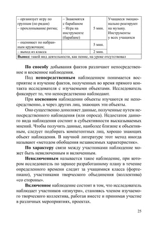 25
– организует игру по
группам (по рядам)
– прохлопывание ритма;
– Знакомятся
с барабаном
– Игра на
инструменте
(барабане)
5 мин.
Учащиеся эмоцио-
нально реагируют
на музыку.
Инструменты
у всех учащихся
– оценивает по набран-
ным кружочкам;
5 мин.
– выход из класса 2 мин.
Вывод: такой вид деятельности, как пение, на уроке отсутствовал
По способу добывания фактов различают непосредствен-
ное и косвенное наблюдения.
Под непосредственным наблюдением понимается вос-
приятие и изучение фактов, полученных во время прямого кон-
такта исследователя с изучаемыми объектами. Исследователь
фиксирует то, что непосредственно наблюдают.
При косвенном наблюдении объекты изучаются не непо-
средственно, а через других лиц, знающих эти объекты.
Оно существенно дополняет данные, полученные путем не-
посредственного наблюдения (или опроса). Недостаток данно-
го вида наблюдения состоит в субъективности высказываемых
мнений. Чтобы получить данные, наиболее близкие к объектив-
ным, следует подбирать компетентных лиц, хорошо знающих
объект наблюдения. В научной литературе этот метод иногда
называют «методом обобщения независимых характеристик».
По характеру связи между участниками наблюдение мо-
жет быть невключенным и включенным.
Невключенным называется такое наблюдение, при кото-
ром исследователь по заранее разработанному плану в течение
определенного времени следит за учащимися класса (форте-
пиано), участниками творческого объединения (коллектива)
«со стороны».
Включенное наблюдение состоит в том, что исследователь
наблюдает участников «изнутри», становясь членом изучаемо-
го творческого коллектива, работая вместе и принимая участие
в различных мероприятиях, проектах.
Copyright ОАО «ЦКБ «БИБКОМ»  ООО «Aгентство Kнига-Cервис»
 