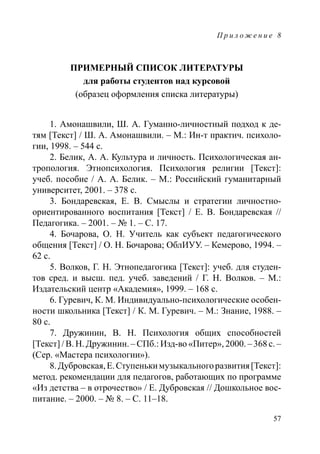 57
П р и л о ж е н и е 8
ПРИМЕРНЫЙ СПИСОК ЛИТЕРАТУРЫ
для работы студентов над курсовой
(образец оформления списка литературы)
1. Амонашвили, Ш. А. Гуманно-личностный подход к де-
тям [Текст] / Ш. А. Амонашвили. – М.: Ин-т практич. психоло-
гии, 1998. – 544 с.
2. Белик, А. А. Культура и личность. Психологическая ан-
тропология. Этнопсихология. Психология религии [Текст]:
учеб. пособие / А. А. Белик. – М.: Российский гуманитарный
университет, 2001. – 378 с.
3. Бондаревская, Е. В. Смыслы и стратегии личностно-
ориентированного воспитания [Текст] / Е. В. Бондаревская //
Педагогика. – 2001. – № 1. – С. 17.
4. Бочарова, О. Н. Учитель как субъект педагогического
общения [Текст] / О. Н. Бочарова; ОблИУУ. – Кемерово, 1994. –
62 с.
5. Волков, Г. Н. Этнопедагогика [Текст]: учеб. для студен-
тов сред. и высш. пед. учеб. заведений / Г. Н. Волков. – М.:
Издательский центр «Академия», 1999. – 168 с.
6. Гуревич, К. М. Индивидуально-психологические особен-
ности школьника [Текст] / К. М. Гуревич. – М.: Знание, 1988. –
80 с.
7. Дружинин, В. Н. Психология общих способностей
[Текст] / В. Н. Дружинин. – СПб.: Изд-во «Питер», 2000. – 368 с. –
(Сер. «Мастера психологии»).
8.Дубровская,Е.Ступенькимузыкальногоразвития[Текст]:
метод. рекомендации для педагогов, работающих по программе
«Из детства – в отрочество» / Е. Дубровская // Дошкольное вос-
питание. – 2000. – № 8. – С. 11–18.
Copyright ОАО «ЦКБ «БИБКОМ»  ООО «Aгентство Kнига-Cервис»
 