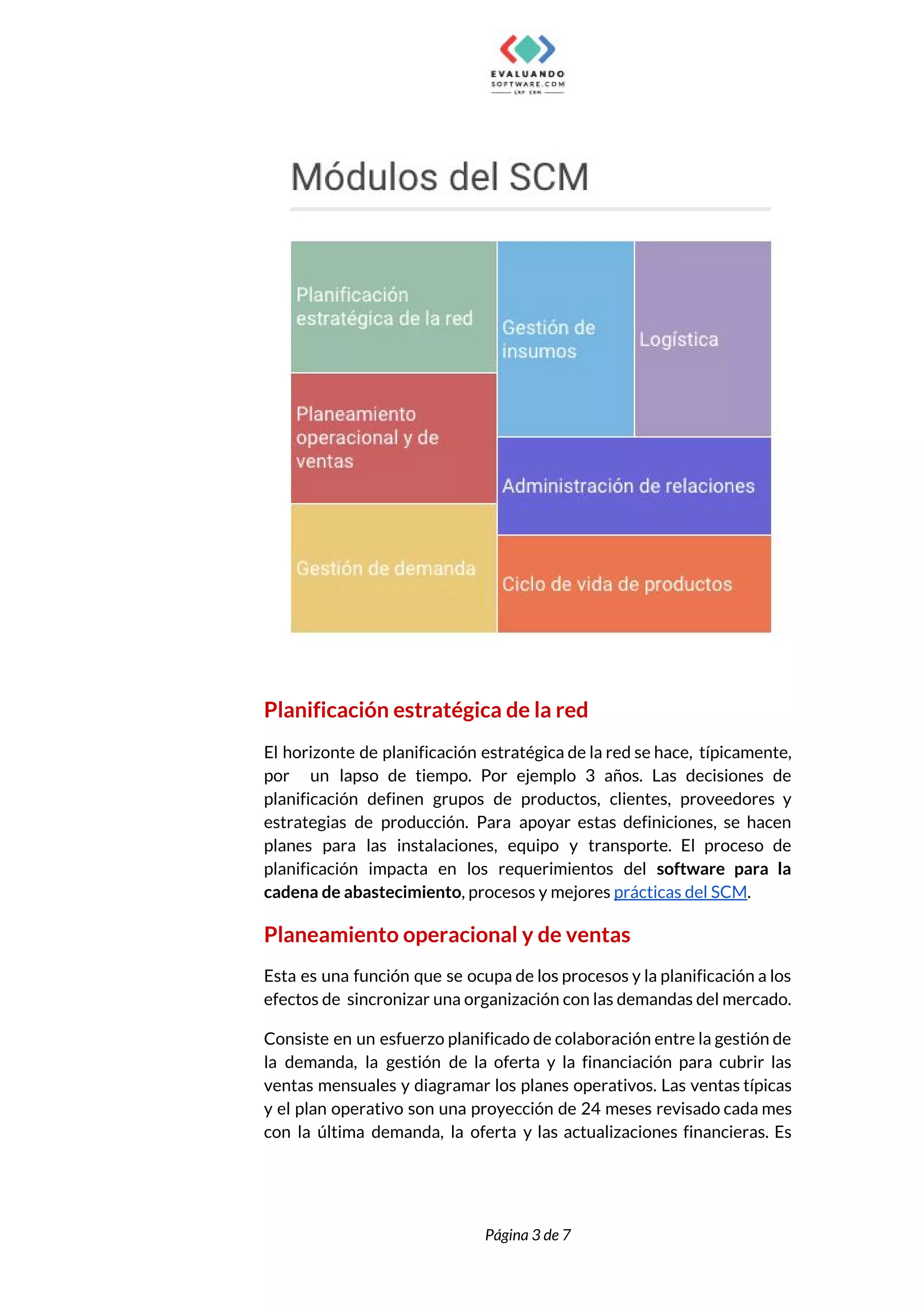  
 
Planificación estratégica de la red 
El horizonte de planificación estratégica de la red se hace, típicamente,                     
por un lapso de tiempo. Por ejemplo 3 años. Las decisiones de                       
planificación definen grupos de productos, clientes, proveedores y               
estrategias de producción. Para apoyar estas definiciones, se hacen                 
planes para las instalaciones, equipo y transporte. El proceso de                   
planificación impacta en los requerimientos del ​software para la                 
cadena de abastecimiento​, procesos y mejores ​prácticas del SCM​. 
Planeamiento operacional y de ventas 
Esta es una función que se ocupa de los procesos y la planificación a los                             
efectos de sincronizar una organización con las demandas del mercado.  
Consiste en un esfuerzo planificado de colaboración entre la gestión de                     
la demanda, la gestión de la oferta y la financiación para cubrir las                         
ventas mensuales y diagramar los planes operativos. Las ventas típicas                   
y el plan operativo son una proyección de 24 meses revisado cada mes                         
con la última demanda, la oferta y las actualizaciones financieras. Es                     
 
 
Página 3 de 7 
 