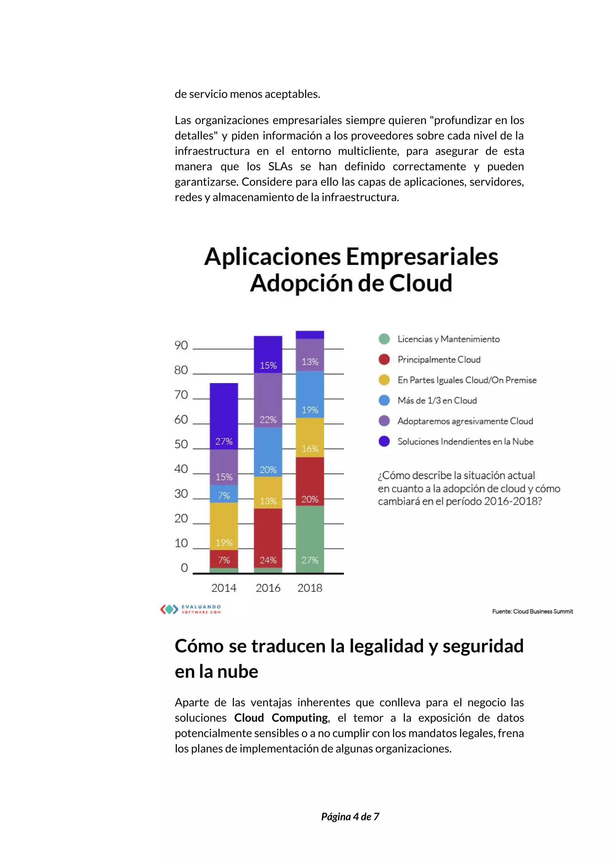  
de servicio menos aceptables.  
Las organizaciones empresariales siempre quieren "profundizar en los               
detalles" y piden información a los proveedores sobre cada nivel de la                       
infraestructura en el entorno multicliente, para asegurar de esta                 
manera que los SLAs se han definido correctamente y pueden                   
garantizarse. Considere para ello las capas de aplicaciones, servidores,                 
redes y almacenamiento de la infraestructura. 
 
Cómo se traducen la legalidad y seguridad             
en la nube 
Aparte de las ventajas inherentes que conlleva para el negocio las                     
soluciones ​Cloud Computing​, el temor a la exposición de datos                   
potencialmente sensibles o a no cumplir con los mandatos legales, frena                     
los planes de implementación de algunas organizaciones.  
 
 
Página 4 de 7 
 