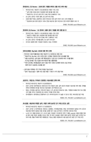 2
현대모비스 2Q Review : 3Q에 중국 가동률 하락과 모듈 마진 하락 예상
- 투자의견 매수, 목표주가 250,000원으로 하향(-14%) 조정
* 실적 하향 조정과 중국 저성장에 따른 멀티플 하향 조정
* 목표주가는 2015년 실적 PER 7.6배, PBR 0.9배(ROE 13%)
- 2Q 실적, 낮아진 기대치 충족. 3Q 실적 부진 예상
- 3Q에 원화 약세는 긍정적이나 중국 부진으로 인한 실적 우려가 보다 크게 반영될 것
* 완성차와 달리 중국 법인이 100% 연결 대상으로 중국 부진으로 인한 부정적 영향이 보다 커
전재천. 769.3082 jcjeon7@daishin.com
현대위아 2Q Review : 3Q 현대차 그룹의 중국 가동률 하락 영향 클 것
- 투자의견 매수, 목표주가 150,000원으로 하향(-12%) 조정
* 목표주가 하향은 중국 저성장에 따른 멀티플 하향 조정
* 목표주가는 2015년 PER 9.9배, PBR 1.3배(ROE 14%)
- 2Q 실적, 낮아진 기대치를 충족. 3Q 실적 우려 증가
- 2016년 성장에 대한 기대감은 유효하나 3Q는 지켜봐야
전재천. 769.3082 jcjeon7@daishin.com
대우조선해양: Big Bath 규모에 따른 투자 전략
- 투자의견 시장수익률하회로 하향, 목표주가 5,100원으로 하향 조정
* 목표주가는 Big Bath 규모 3조원, 증자 1조원을 가정하여 PBR 0.65배를 적용
* 최종 손실규모는 실적 발표 이후 확정되겠으나 신임 CEO 인터뷰와 여러 기사를 통해
2Q Big Bath를 기정 사실화 하여 목표주가를 산출하였음
* PBR 0.65배는 현대중공업의 2분기 평균 PBR 수준인 0.6배에 대규모 손실 처리로
향후 ROE가 상승하는 효과를 감안
- 실적 발표 이후에도 주가 약세 지속될 가능성 높아
* 증자 가능성 높음 + 향후 마진 전망 하향 + 하반기 수주 전망 약세
전재천. 769.3082 jcjeon7@daishin.com
삼성카드: 취급고는 우려보다 양호했고 대손비용은 큰폭 하락
- 투자의견 매수(유지), 목표주가 50,000원(유지)
- 2분기 순익은 930억원으로 컨센서스와 우리 예상치 상회. 실적 호조의 배경은 대손비용 하락 때문. 연체율
하락과 연체채권 회수율 개선으로 대손비용이 467억원으로 감소
- 메르스 우려에도 불구하고 개인신판 취급고 3.7% 증가해 우려보다는 양호. 가맹점수수료율 인하 이슈 영향
크지 않을 것이고 조달비용 감소 효과도 지속될 것으로 예상
- 펀더멘털이나 센티멘트상 은행주보다 단기 투자우선순위가 더 높을 수 있다고 판단. 매수관점 접근 무방
최정욱, CFA. 769.3837 cuchoi@daishin.com
하나금융: 예상치에 부합한 실적. 저평가 매력 높지만 단기 부담 요인도 상존
- 투자의견 매수(유지), 목표주가 37,500원(유지)
- 2분기 순익은 3,749억원으로 컨센서스 상회했고, 우리예상치에는 부합. 비이자부문의 일회성 이익 요인과
대손비용 부문의 일회성 비용 요인을 상쇄한 분기 경상 순이익은 2,700억원 수준으로 추정
- 노사간 조기 통합 합의로 조기 시너지 발생 기대감은 커지겠지만 반면 IT 통합 upgrade 비용과 통합 위로
금 등의 비용 부담도 발생할 것으로 전망. 현 PBR 0.36배로 저평가 매력 높지만 여전히 높은 대기업 익스
포져 비중, 환율 약세에 따른 외환환산손 가능성, 통합 과정에서의 비용 발생 요인 등은 단기 부담 요인
최정욱, CFA. 769.3837 cuchoi@daishin.com
 