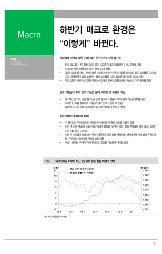 5
Macro
하반기 매크로 환경은
“이렇게” 바뀐다.
박형중
02.769.3091
econ4u@daishin.com
국내경제 성장에 대한 신뢰 약화. 연간 2.8% 성장 불가능
- 한국 2Q GDP, 전기대비 0.3% 증가. 재고증가 효과 제외하면 0.1% 증가에 그침
- 사실상의 제로 성장이며 5분기 연속 0%대 성장
- 3Q와 4Q에 전기비 1.0%의 높은 성장을 한다는 낙관적 가정을 하더라도 연간 성장률은 2.5%에
그침. 성장동력이 없는 상황에서 올해 성장률은 2.8% 달성은 불가능할 것으로 판단
- 추경 집행과 메르스로 인한 이연소비 효과로 3Q에 성장률 반등 가능하나 이후 둔화될 전망
연내 기준금리 추가 인하 가능성 높아. 빠르면 8~9월도 가능
- 경기부진 장기화, 낮은 물가상승 압력 등으로 기준금리 추가 인하 가능성 열어둘 필요
- 이르면 8~9월 중에라도 기준금리 추가 인하 가능할 수 있음
- 내년까지 1.0% 아래 수준까지 기준금리 인하될 수 있다고 전망
원화 약세의 추세화에 대비
- 미 금리인상 우려 등으로 외국인 주식 순매도가 환율 상승을 이끌고 있음
- 지난 주 다른 통화에 비해 원화 약세가 빨랐음. 부진한 성장, 잠정 무역흑자 규모 축소, 외국인
자금 이탈 등이 그 이유
- 이번 주 개최될 FOMC에서 연내 기준금리 인상 방침 재확인할 전망이어서 약세 압력 우세하며
단기적으로는 오버슈팅 가능성 높은 상황
- 하반기 원화는 추세적 약세 구간으로 전입할 가능성에 대비할 필요
그림1. 외국인자금 이탈이 최근 원/달러 환율 상승 이끌고 있어
자료: KRX, 대신증권 리서치센터
 