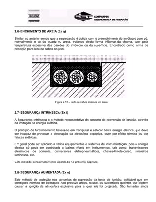 _____________________________________________________________________________________________________
2.6- ENCHIMENTO DE AREIA (Ex q)
Similar ao anterior sendo que a segregação é obtida com o preenchimento do invólucro com pó,
normalmente o pó do quartz ou areia, evitando desta forma inflamar da chama, quer pela
temperatura excessiva das paredes do invólucro ou da superfície. Encontrado como forma de
proteção para leito de cabos no piso.
Figura 2.12 – Leito de cabos imersos em areia
2.7- SEGURANÇA INTRÍNSECA (Ex i)
A Segurança Intrínseca é o método representativo do conceito de prevenção da ignição, através
da limitação da energia elétrica.
O princípio de funcionamento baseia-se em manipular e estocar baixa energia elétrica, que deve
ser incapaz de provocar a detonação da atmosfera explosiva, quer por efeito térmico ou por
faíscas elétricas.
Em geral pode ser aplicado a vários equipamentos e sistemas de instrumentação, pois a energia
elétrica só pode ser controlada a baixos níveis em instrumentos, tais como: transmissores
eletrônicos de corrente, conversores eletropneumáticos, chaves-fim-de-curso, sinaleiros
luminosos, etc.
Este método será amplamente abordado no próximo capítulo.
2.8- SEGURANÇA AUMENTADA (Ex e)
Este método de proteção nos conceitos de supressão da fonte de ignição, aplicável que em
condições normais de operação, não produza arcos, faíscas ou superfícies quentes que podem
causar a ignição da atmosfera explosiva para a qual ele foi projetado. São tomadas ainda
 