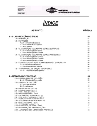 _____________________________________________________________________________________________________
ÍNDICE
ASSUNTO PÁGINA
1 – CLASSIFICAÇÃO DE ÁREAS 01
1.1 – INTRODUÇÃO 01
1.2 – DEFINIÇÕES 01
1.2.1 – Atmosfera Explosiva 02
1.2.2 – Controle Auto-Operado 02
1.2.3 – Explosão 02
1.3 – CLASSIFICAÇÃO SEGUNDO AS NORMAS EUROPÉIAS 02
1.3.1 – Classificação em Zonas 02
1.3.2 – Classificação em Grupos 04
1.4 – CLASSIFICAÇÃO SEGUNDO AS NORMAS AMERICANAS 04
1.4.1 – Classificação em Divisão 04
1.4.2 – Classificação em Classes 05
1.4.3 – Classificação em Grupos 05
1.5 – COMPARAÇÃO ENTRE AS NORMAS EUROPÉIA E AMERICANA 06
1.5.1 – Quanto aos Materiais 06
1.5.2 – Quanto a Periodicidade 06
1.6 – TEMPERATURA DE IGNIÇÃO ESPONTÂNEA 07
1.6.1 – Temperatura de Superfície 07
2 – MÉTODOS DE PROTEÇÃO 08
2.1 – POSSIBILIDADE DE EXPLOSÃO 08
2.1.1 – Métodos de Prevenção 09
2.2 – À PROVA DE EXPLOSÃO 10
2.2.1 – Características 11
2.2.2 – Aplicações 12
2.3 – PRESSURIZADO ( Ex p ) 13
2.4 – ENCAPSULADO ( Ex m ) 14
2.5 – IMERSO EM ÓLEO ( Ex o) 14
2.6 – ENCHIMENTO DE AREIA ( Ex q ) 15
2.7 – SEGURANÇA INTRÍNSECA ( EX i ) 15
2.8 – SEGURANÇA AUMENTADA ( Ex e ) 16
2.9 – NÃO ASCENDÍVEL ( Ex n ) 16
2.10 – PROTEÇÃO ESPECIAL ( Ex s) 17
2.11 – COMBINAÇÕES DAS PROTEÇÕES 17
2.12 – APLICAÇÃO DOS MÉTODOS DE PROTEÇÃO 18
 