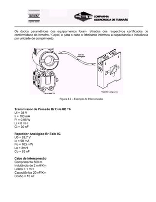 _____________________________________________________________________________________________________
Os dados paramétricos dos equipamentos foram retirados dos respectivos certificados de
conformidade do Inmetro / Cepel, e para o cabo o fabricante informou a capacitância e indutância
por unidade de comprimento.
Figura 4.2 – Exemplo de Interconexão
Transmissor de Pressão Br Exia IIC T6
Ui = 38 V
Ii = 103 mA
Pi = 0,98 W
Li = 0 mH
Ci = 30 nF
Repetidor Analógico Br Exib IIC
U0 = 28,7 V
Io = 98 mA
Po = 703 mW
Lo = 3mH
Co = 65 nF
Cabo de Interconexão
Comprimento 500 m
Indutância de 2 mH/Km
Lcabo = 1 mH
Capacitânica 20 nF/Km
Ccabo = 10 nF
 