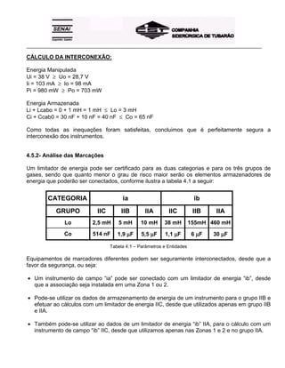 _____________________________________________________________________________________________________
CÁLCULO DA INTERCONEXÃO:
Energia Manipulada
Ui = 38 V ≥ Uo = 28,7 V
Ii = 103 mA ≥ Io = 98 mA
Pi = 980 mW ≥ Po = 703 mW
Energia Armazenada
Li + Lcabo = 0 + 1 mH = 1 mH ≤ Lo = 3 mH
Ci + Ccab0 = 30 nF + 10 nF = 40 nF ≤ Co = 65 nF
Como todas as inequações foram satisfeitas, concluimos que é perfeitamente segura a
interconexão dos instrumentos.
4.5.2- Análise das Marcações
Um limitador de energia pode ser certificado para as duas categorias e para os três grupos de
gases, sendo que quanto menor o grau de risco maior serão os elementos armazenadores de
energia que poderão ser conectados, conforme ilustra a tabela 4.1 a seguir:
CATEGORIA ia ib
GRUPO IIC IIB IIA IIC IIB IIA
Lo 2,5 mH 5 mH 10 mH 38 mH 155mH 460 mH
Co 514 nF 1,9 µµµµF 5,5 µµµµF 1,1 µµµµF 6 µµµµF 30 µµµµF
Tabela 4.1 – Parâmetros e Entidades
Equipamentos de marcadores diferentes podem ser seguramente interconectados, desde que a
favor da segurança, ou seja:
• Um instrumento de campo “ia” pode ser conectado com um limitador de energia “ib”, desde
que a associação seja instalada em uma Zona 1 ou 2.
• Pode-se utilizar os dados de armazenamento de energia de um instrumento para o grupo IIB e
efetuar ao cálculos com um limitador de energia IIC, desde que utilizados apenas em grupo IIB
e IIA.
• Também pode-se utilizar ao dados de um limitador de energia “ib” IIA, para o cálculo com um
instrumento de campo “ib” IIC, desde que utilizamos apenas nas Zonas 1 e 2 e no grupo IIA.
 