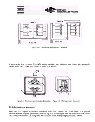_____________________________________________________________________________________________________
Figura 5.7 – Exemplo de Separação por Canaletas
A separação dos circuitos SI e NSI podem também ser efetivada por placas de separação
metálicas ou não, ou por uma distância maior que 50 mm.
Figura 5.8 – Montagem com Entradas Separadas Figura 5.9 – Montagem com Separador
5.3.1- Cuidados na Montagem
Além de um projeto apropriado cuidados adicionais devem ser observados nos painéis
intrinsecamente seguros, pois como ilustra a figura 5.10 onde por falta de amarração nos cabos,
uma falha pode ocorrer. Já na figura 5.11 a falta da placa de separação provocou a falha.
 