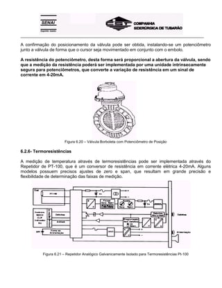 _____________________________________________________________________________________________________
A confirmação do posicionamento da válvula pode ser obtida, instalando-se um potenciômetro
junto a válvula de forma que o cursor seja movimentado em conjunto com o embolo.
A resistência do potenciômetro, desta forma será proporcional a abertura da válvula, sendo
que a medição da resistência poderá ser implementada por uma unidade intrinsecamente
segura para potenciômetros, que converte a variação de resistência em um sinal de
corrente em 4-20mA.
Figura 6.20 – Válvula Borboleta com Potenciômetro de Posição
6.2.6- Termoresistências
A medição de temperatura através de termoresistências pode ser implementada através do
Repetidor de PT-100, que é um conversor de resistência em corrente elétrica 4-20mA. Alguns
modelos possuem precisos ajustes de zero e span, que resultam em grande precisão e
flexibilidade de determinação das faixas de medição.
Figura 6.21 – Repetidor Analógico Galvanicamente Isolado para Termoresistências Pt-100
 