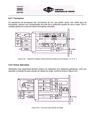 _____________________________________________________________________________________________________
6.2.7- Termopares
Os repetidores de termopares são conversores de mV, que podem operar com vários tipos de
termopares, sempre com compensação de junta fria e poderosos ajustes de zero e span. Com a
isolação galvânica é possível utilizar termopares aterrados.
Figura 6.22 - Repetidor Analógico Galvanicamente Isolado para termopares J, K, R, S, T
6.2.8- Outras Aplicações
Aplicações mais específicas também podem ser realizadas com isoladores galvânicos, como por
exemplo a medição de peso através de células de carga, conforme ilustra a figura 6.23:
Figura 6.23 – Conversor para Células de Carga
 