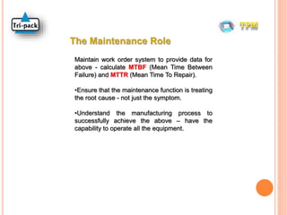 TPM
Maintain work order system to provide data for
above - calculate MTBF (Mean Time Between
Failure) and MTTR (Mean Time To Repair).
•Ensure that the maintenance function is treating
the root cause - not just the symptom.
•Understand the manufacturing process to
successfully achieve the above – have the
capability to operate all the equipment.
The Maintenance Role
 