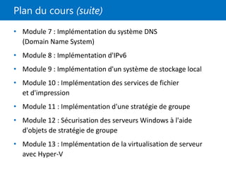 Plan du cours (suite)
• Module 7 : Implémentation du système DNS
(Domain Name System)
• Module 8 : Implémentation d'IPv6
• Module 9 : Implémentation d'un système de stockage local
• Module 10 : Implémentation des services de fichier
et d'impression
• Module 11 : Implémentation d'une stratégie de groupe
• Module 12 : Sécurisation des serveurs Windows à l'aide
d'objets de stratégie de groupe
• Module 13 : Implémentation de la virtualisation de serveur
avec Hyper-V
 
