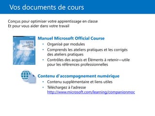Manuel Microsoft Official Course
• Organisé par modules
• Comprends les ateliers pratiques et les corrigés
des ateliers pratiques
• Contrôles des acquis et Éléments à retenir—utile
pour les références professionnelles
Contenu d'accompagnement numérique
• Contenu supplémentaire et liens utiles
• Téléchargez à l'adresse
http://www.microsoft.com/learning/companionmoc
Vos documents de cours
Conçus pour optimiser votre apprentissage en classe
Et pour vous aider dans votre travail
 