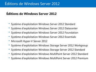 Éditions de Windows Server 2012
Éditions de Windows Server 2012
• Système d'exploitation Windows Server 2012 Standard
• Système d'exploitation Windows Server 2012 Datacenter
• Système d'exploitation Windows Server 2012 Foundation
• Système d'exploitation Windows Server 2012 Essentials
• Microsoft Hyper-V Server 2012
• Système d'exploitation Windows Storage Server 2012 Workgroup
• Système d'exploitation Windows Storage Server 2012 Standard
• Système d'exploitation Windows MultiPoint Server 2012 Standard
• Système d'exploitation Windows MultiPoint Server 2012 Premium
 