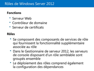 Rôles de Windows Server 2012
Rôles
Fonctions
• Serveur Web
• Contrôleur de domaine
• Serveur de certificats
• Se composent des composants de services de rôle
qui fournissent la fonctionnalité supplémentaire
associée au rôle
• Dans le Gestionnaire de serveur 2012, les serveurs
de console disposant d'un rôle semblable sont
groupés ensemble
• Le déploiement des rôles comprend également
la configuration des dépendances
 