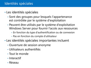 Identités spéciales
• Les identités spéciales
• Sont des groupes pour lesquels l'appartenance
est contrôlée par le système d'exploitation
• Peuvent être utilisés par le système d'exploitation
Windows Server pour fournir l'accès aux ressources
• En fonction du type d'authentification ou de connexion
• Pas en fonction du compte d'utilisateur
• Les identités spéciales importantes incluent
• Ouverture de session anonyme
• Utilisateurs authentifiés
• Tout le monde
• Interactif
• Réseau
 