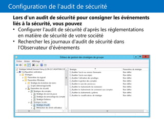 Configuration de l'audit de sécurité
Lors d'un audit de sécurité pour consigner les événements
liés à la sécurité, vous pouvez
• Configurer l'audit de sécurité d'après les réglementations
en matière de sécurité de votre société
• Rechercher les journaux d'audit de sécurité dans
l'Observateur d'événements
 